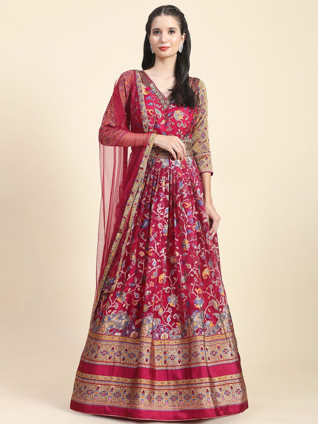 

Phenav Ethnic Motifs Printed Embellished Maxi Ethnic Dress With Dupatta, Pink