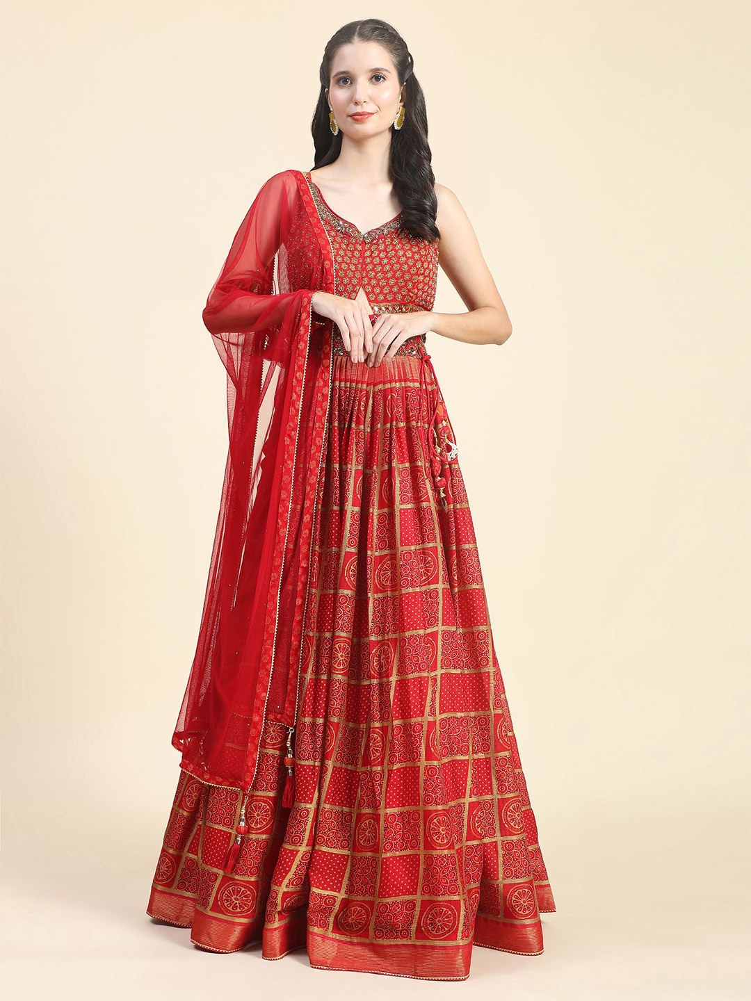 

Phenav Ethnic Motifs Printed Embellished Maxi Ethnic Dress With Dupatta, Red
