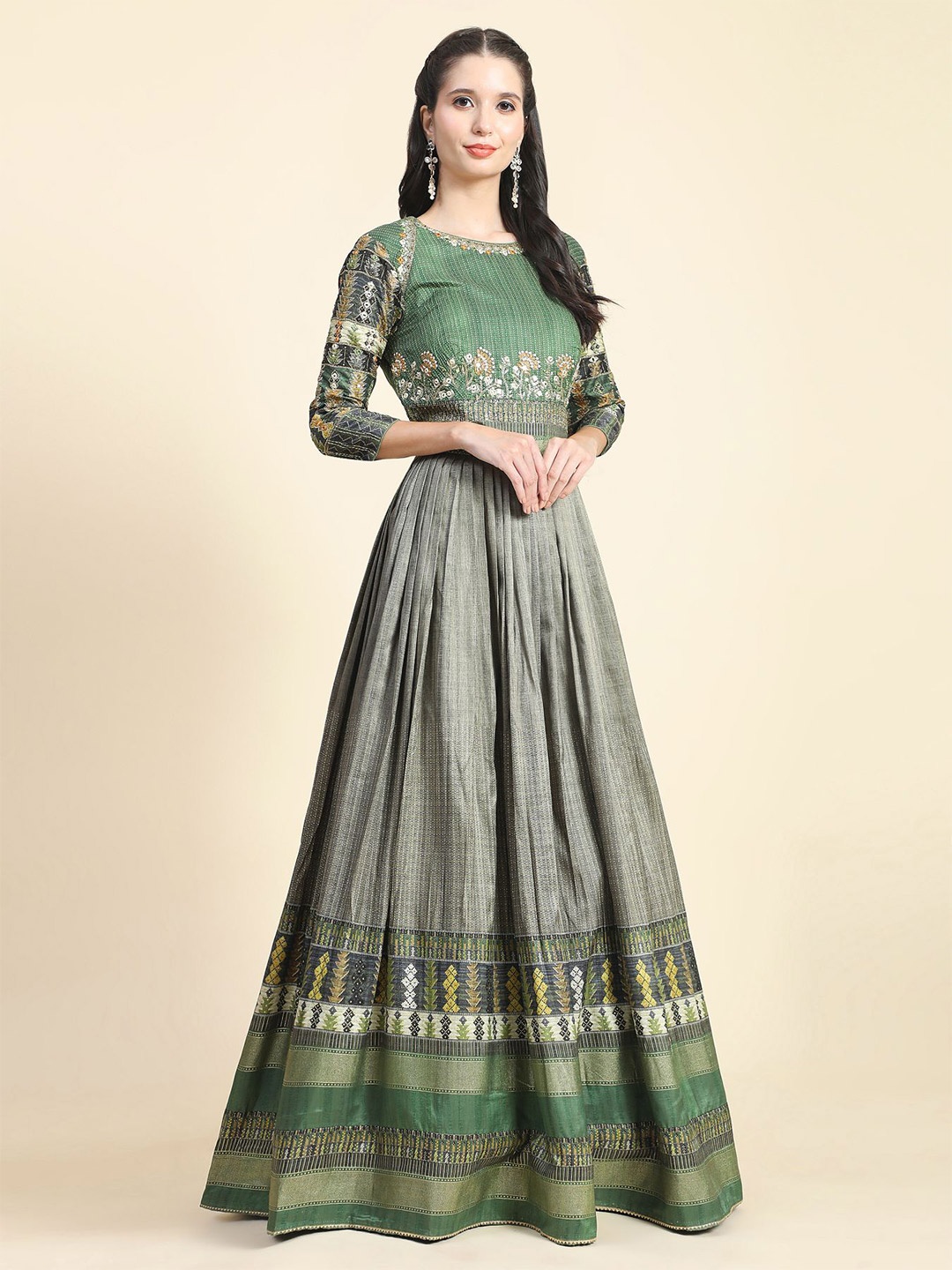 

Phenav Embroidred Detailed Silk Fit & Flare Maxi Ethnic Dress, Green