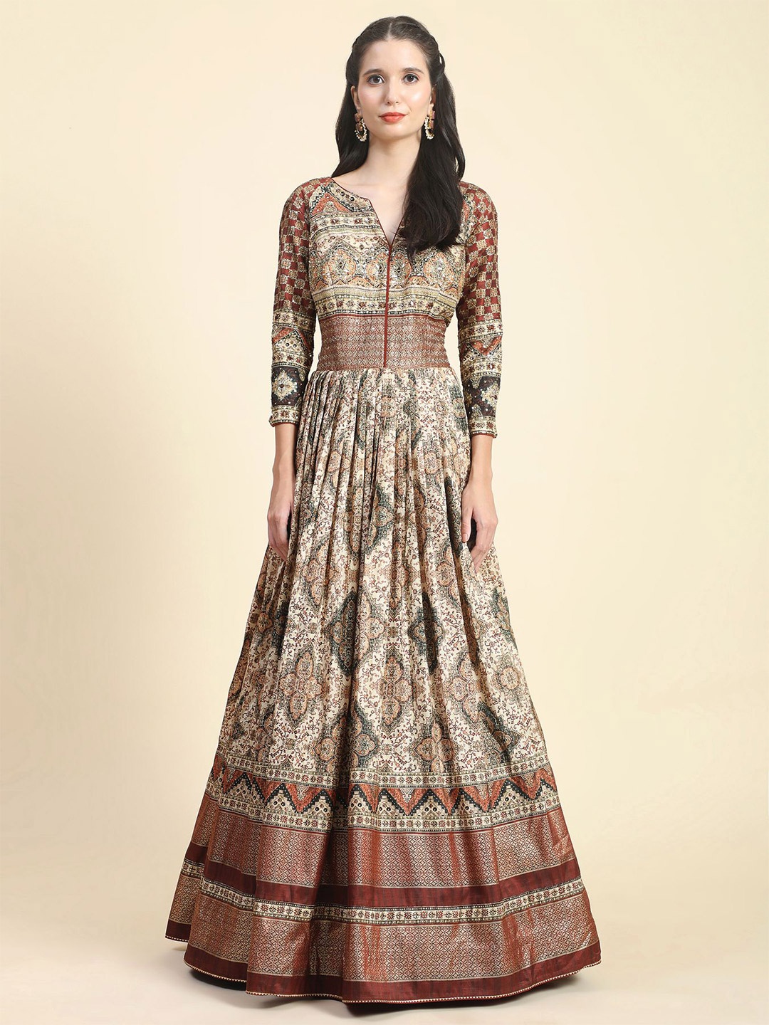

Phenav Ethnic Motifs Printed Silk Fit & Flare Maxi Ethnic Dress, Cream