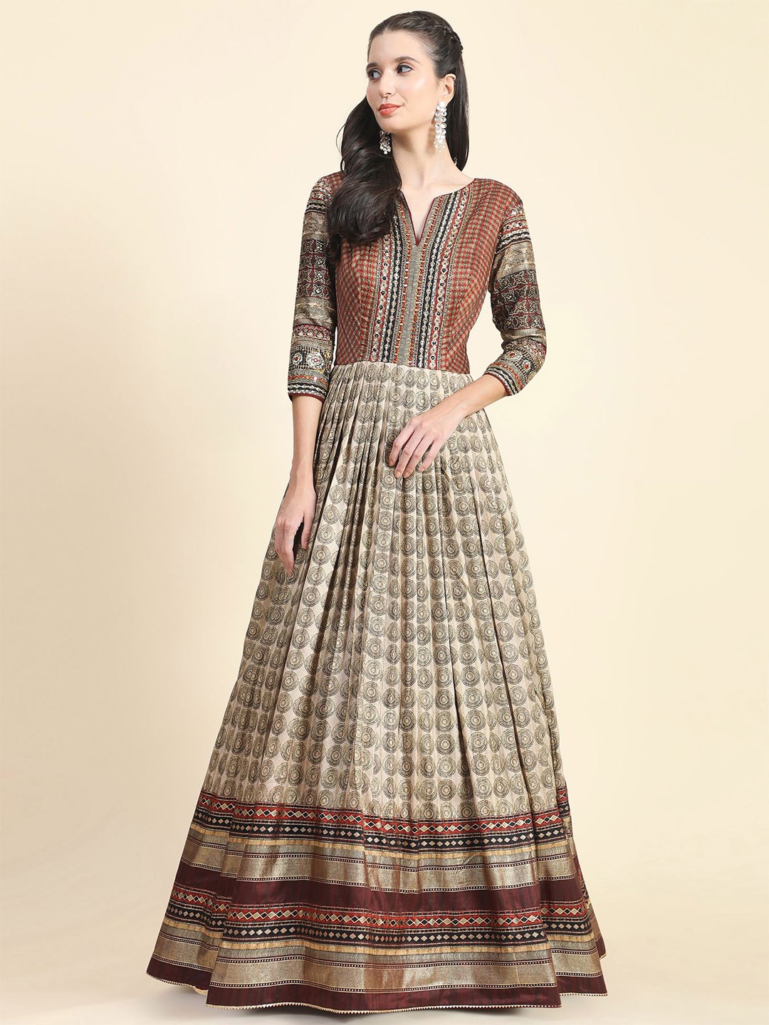 

Phenav Ethnic Motifs Printed Embellished Maxi Ethnic Dress, Brown
