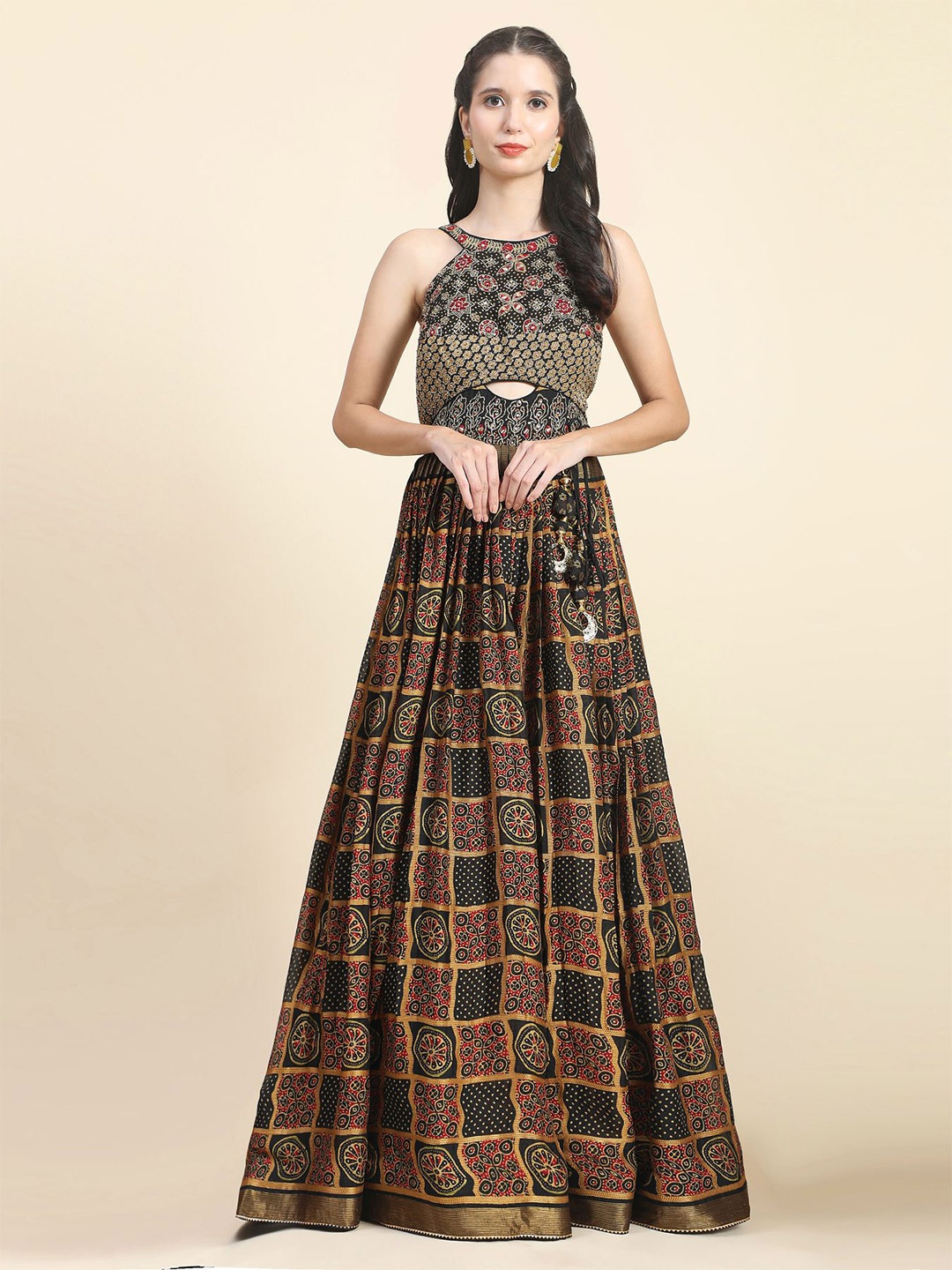 

Phenav Ethnic Motifs Printed Embroidered Maxi Ethnic Dress With Dupatta, Black