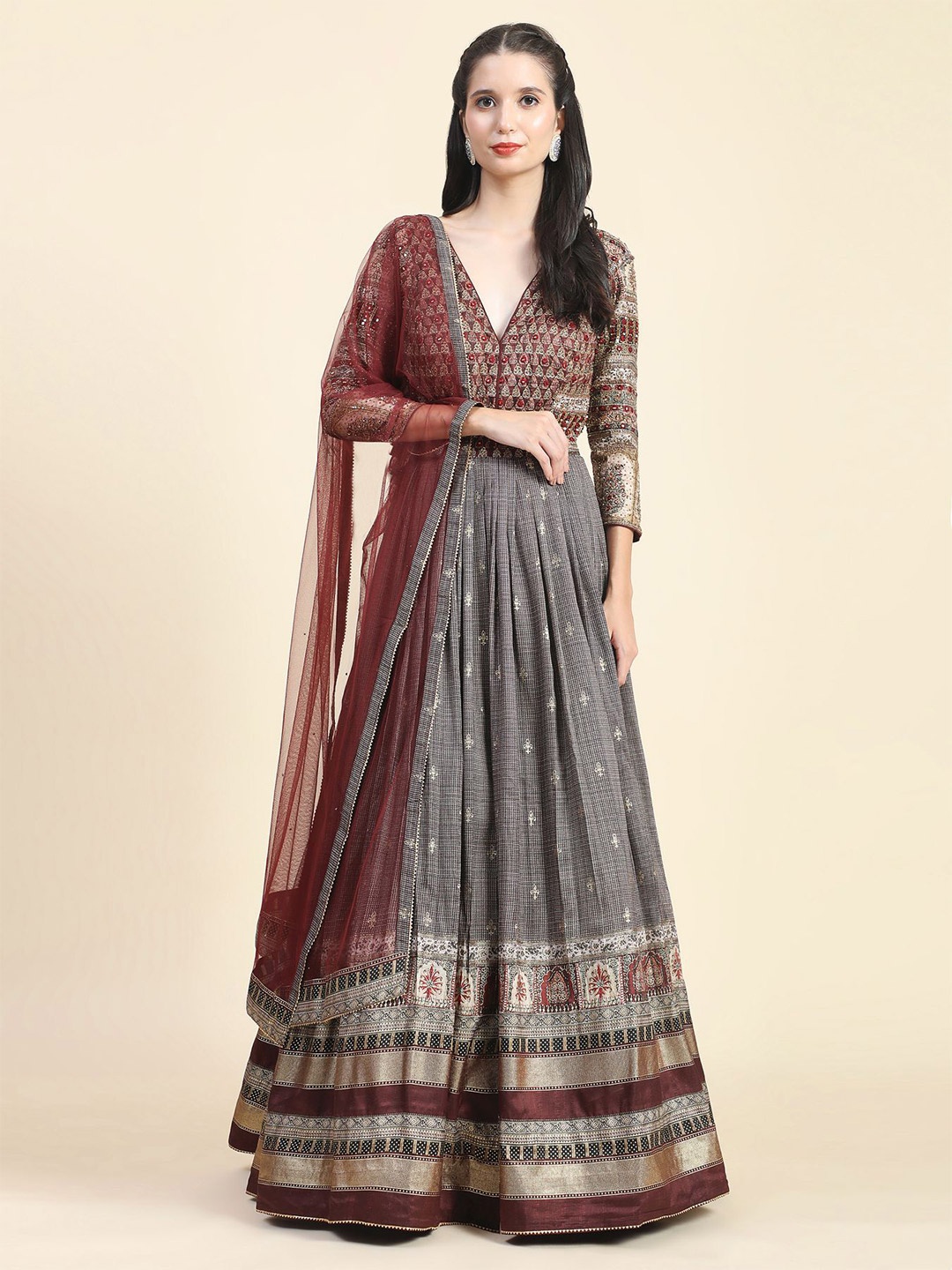 

Phenav Embroidred Detailed Silk Fit & Flare Maxi Ethnic Dress, Brown