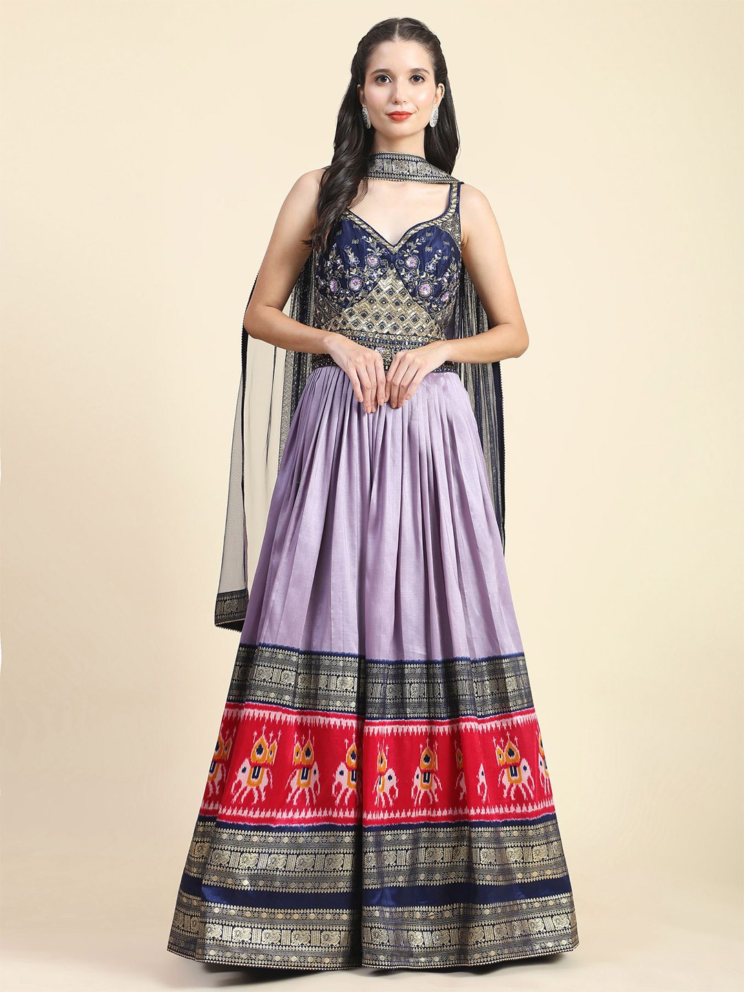 

Phenav Ethnic Motifs Printed V-Neck Embroidred Detailed Silk Fit & Flare Maxi Ethnic Dress, Lavender