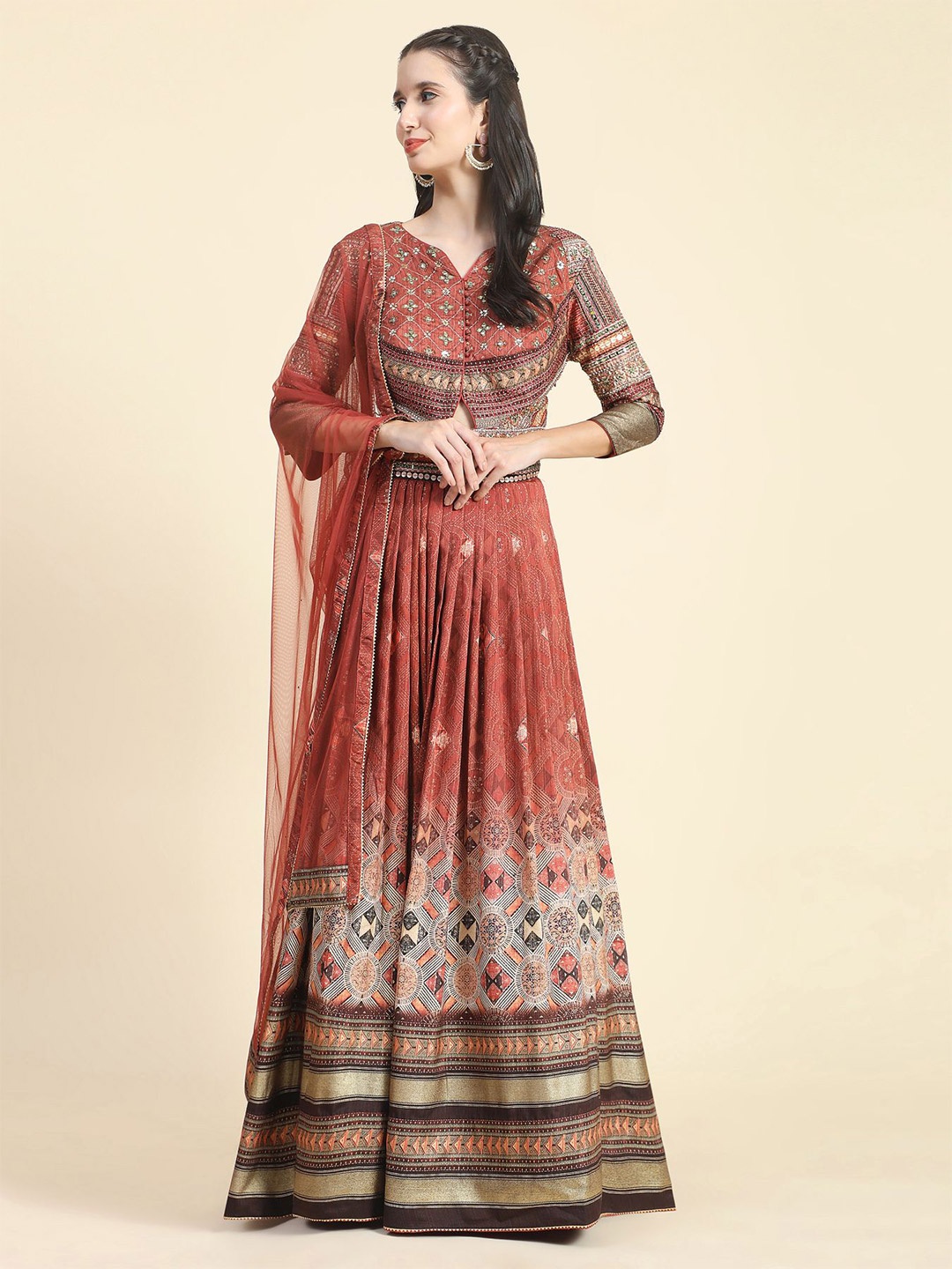 

Phenav Embroidred Detailed Silk Fit & Flare Maxi Ethnic Dress, Orange