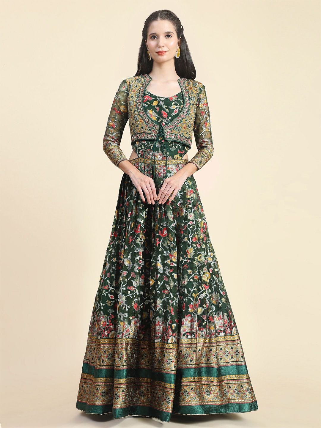 

Phenav Ethnic Motifs Printed Embroidered Detailed Silk Fit & Flare Ethnic Dress, Green