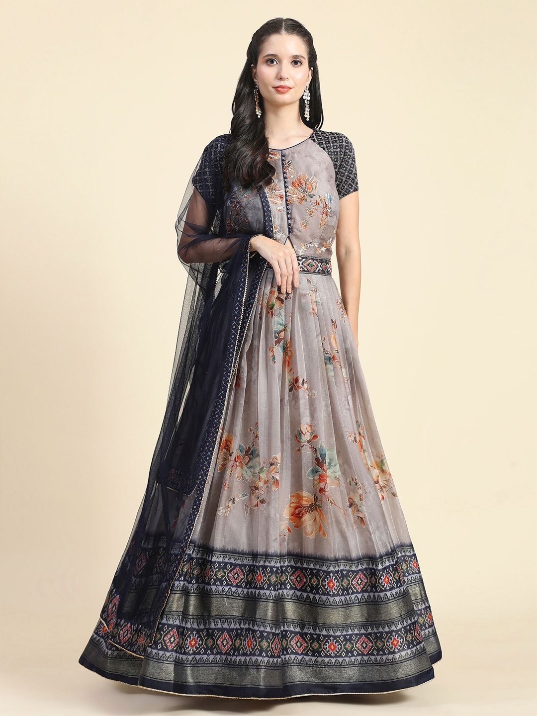 

Phenav Floral Printed Embroidered & Pleated Silk Fit & Flare Ethnic Dress With Dupatta, Grey