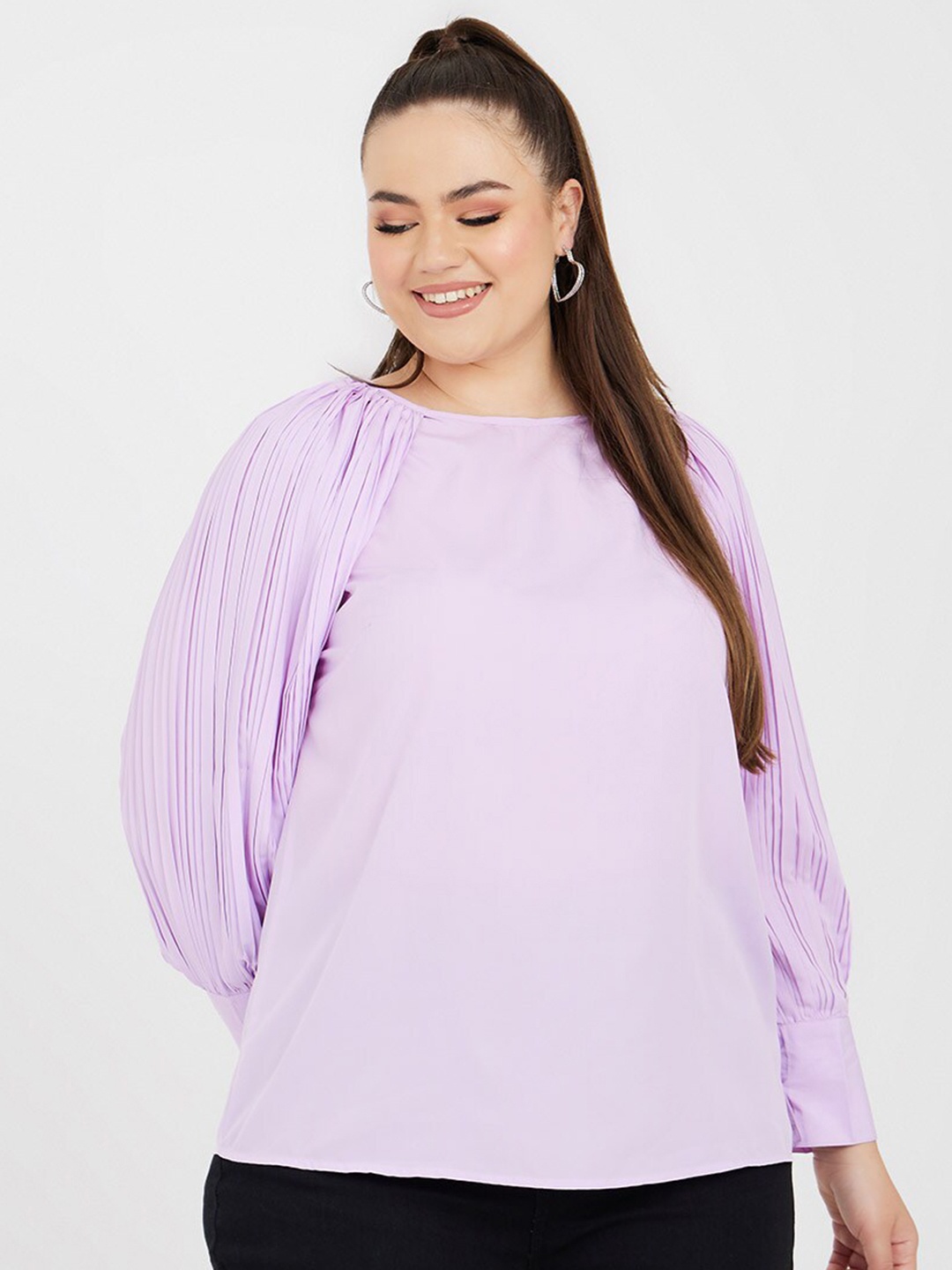 

Styli Plus Size Pleated Detail Slit Sleeves Round Neck Regular Top, Purple