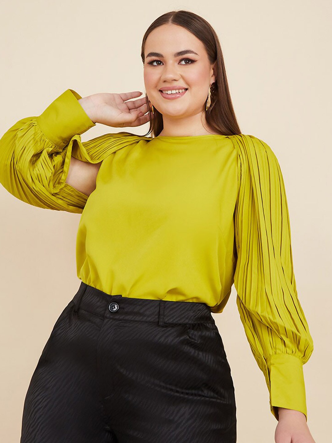 

Styli Plus Size Pleated Bishop Slit Sleeves Round Neck Regular Top, Green