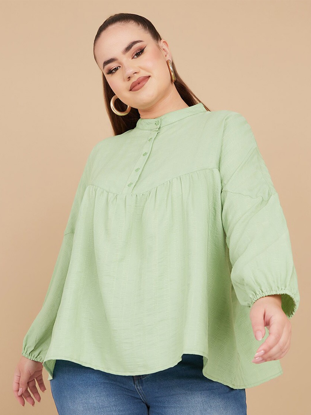

Styli Plus Size Mandarin Collar Puff Sleeves Gathered A-Line Top, Green