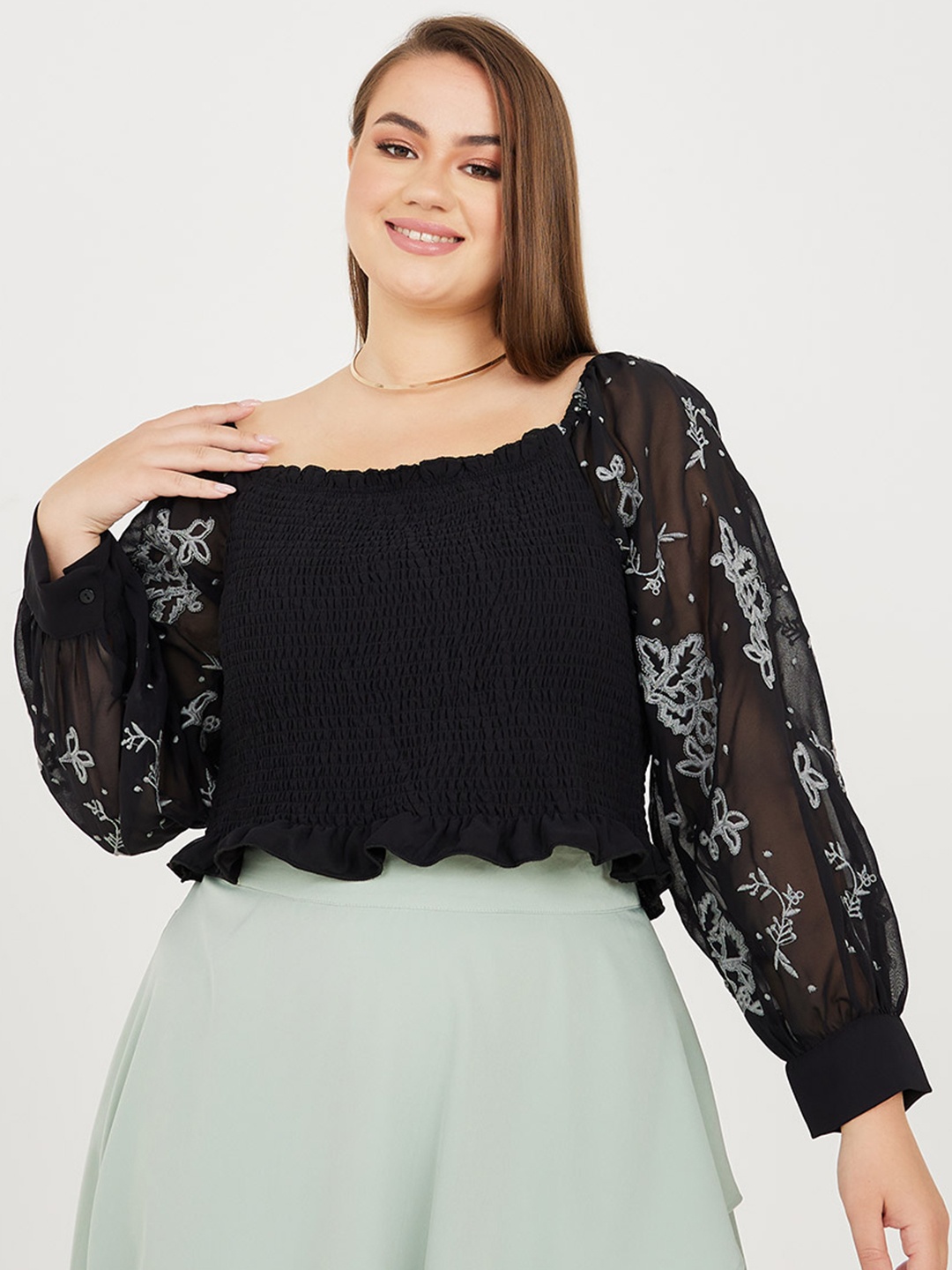 

Styli Plus Shirred Embroidered Top, Black
