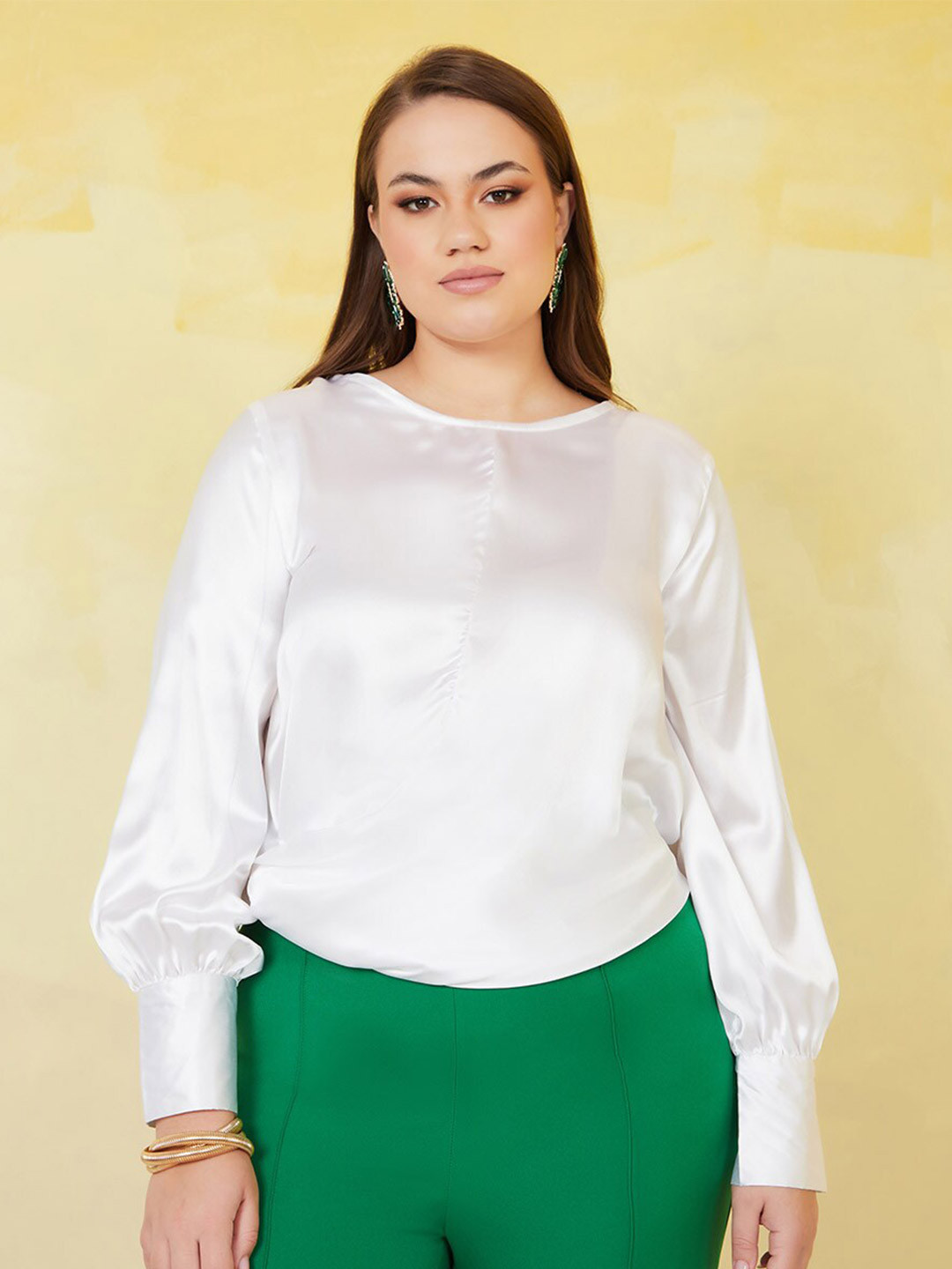 

Styli Plus Round Neck Satin Top, White