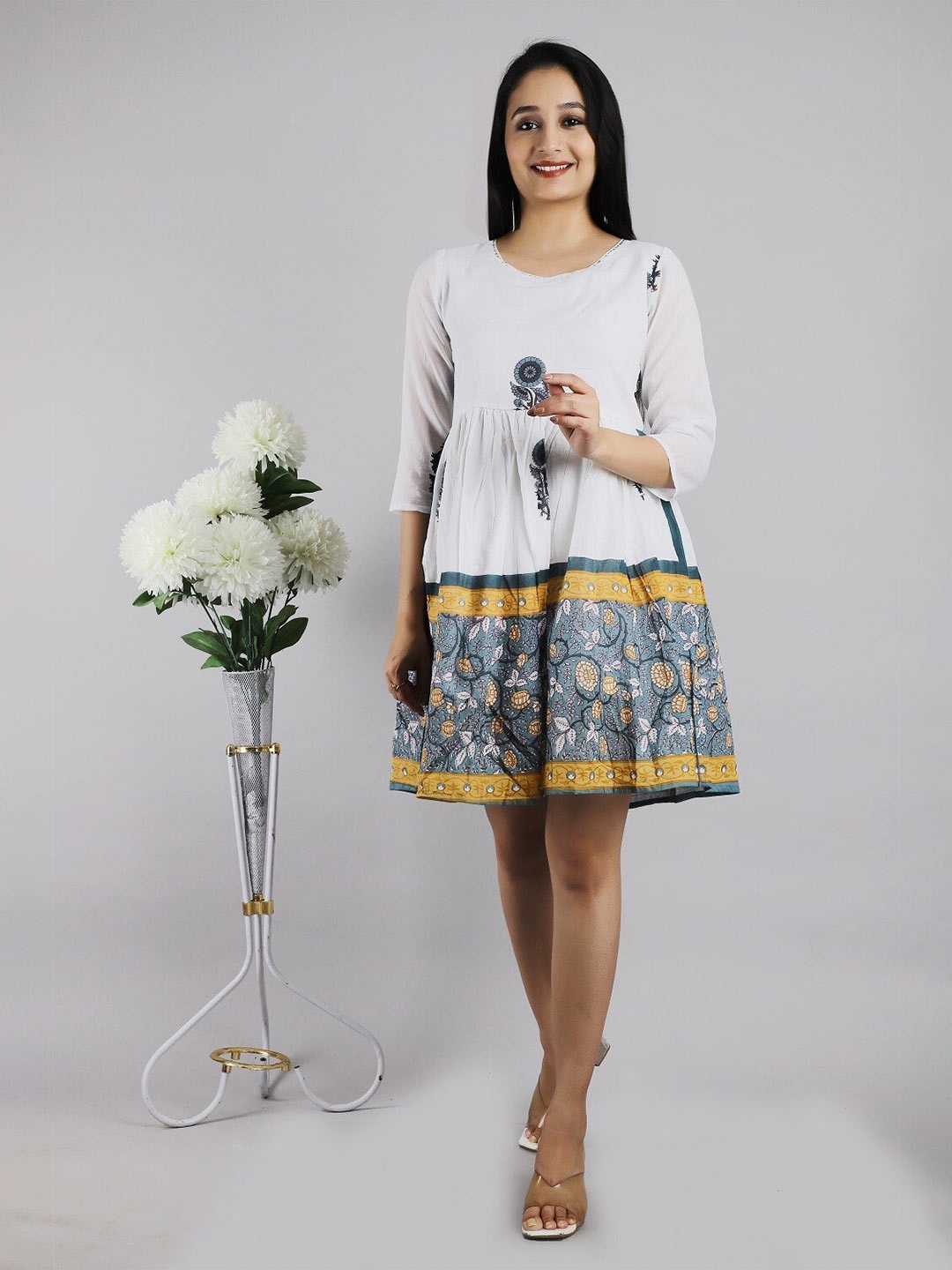 

CHRISTEENA Floral Printed Pure Cotton Fit & Flare Dress, White
