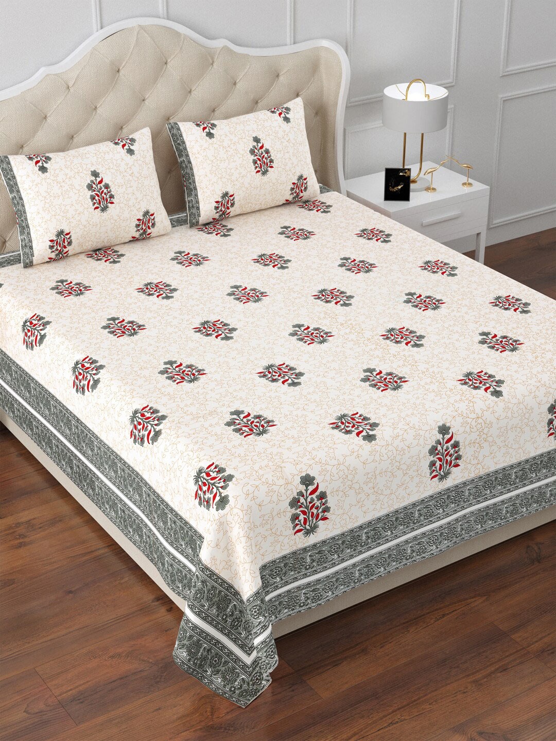 

Aapno Rajasthan Udaipur Opulence Grey Floral 120 TC Cotton King Bedsheet & 2 Pillow Covers