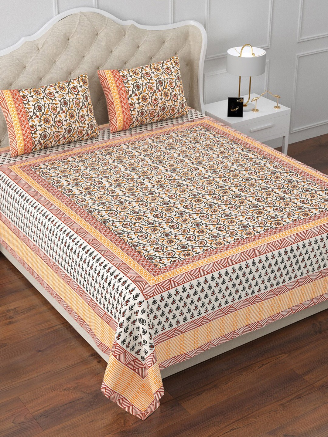 

Aapno Rajasthan White & Yellow Floral 120 TC Cotton King Bedsheet & 2 Pillow Covers