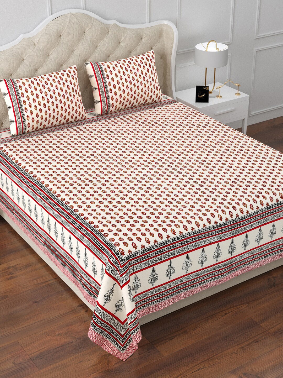 

Aapno Rajasthan Cream-Coloured & Red Floral 120 TC Cotton King Bedsheet & 2 Pillow Covers