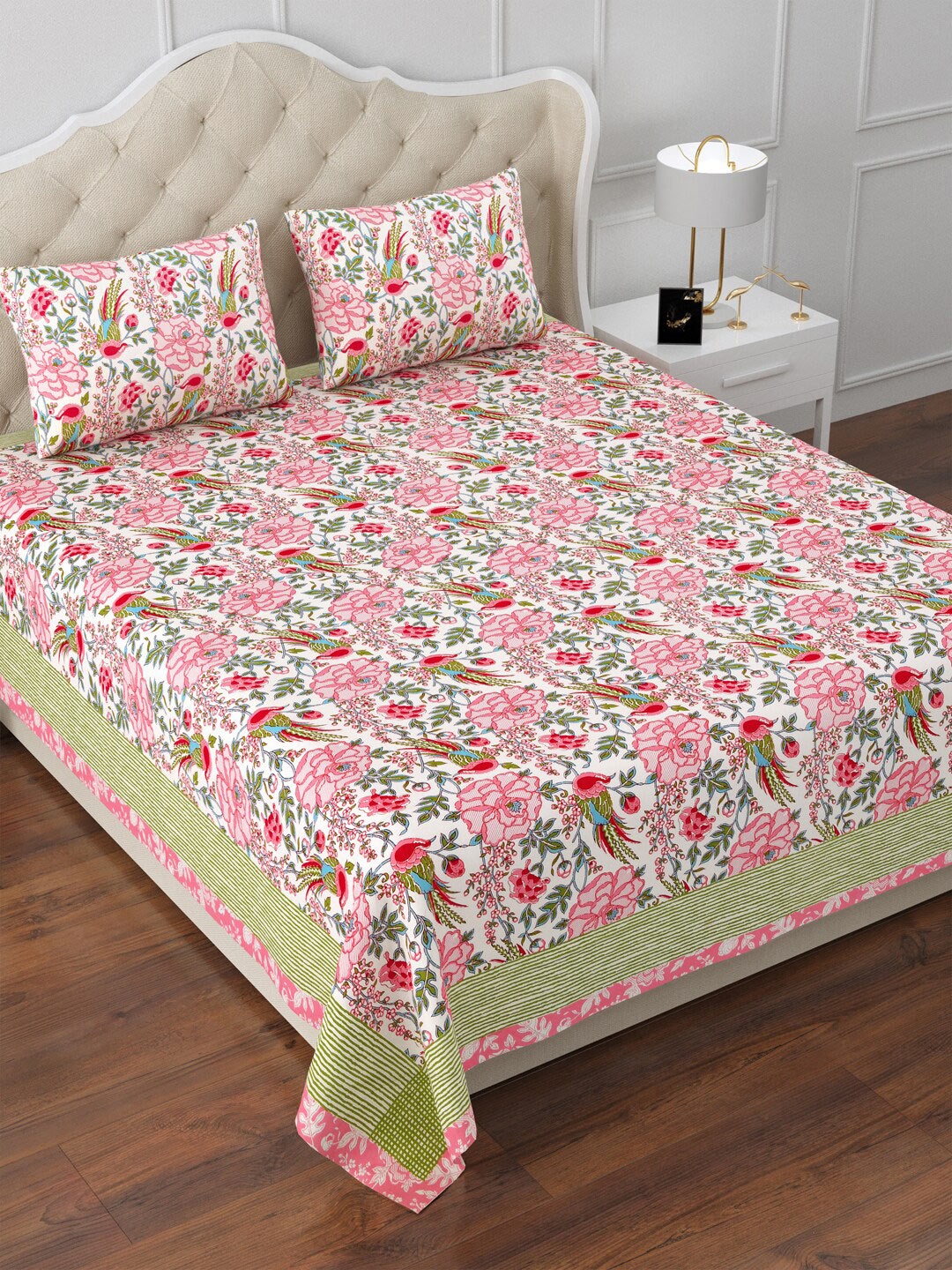 

Aapno Rajasthan White & Pink Floral 120 TC Cotton King Bedsheet & 2 Pillow Covers