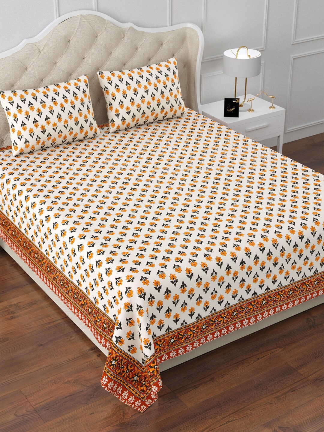 

Aapno Rajasthan White & Yellow Floral 120 TC Cotton King Bedsheet & 2 Pillow Covers