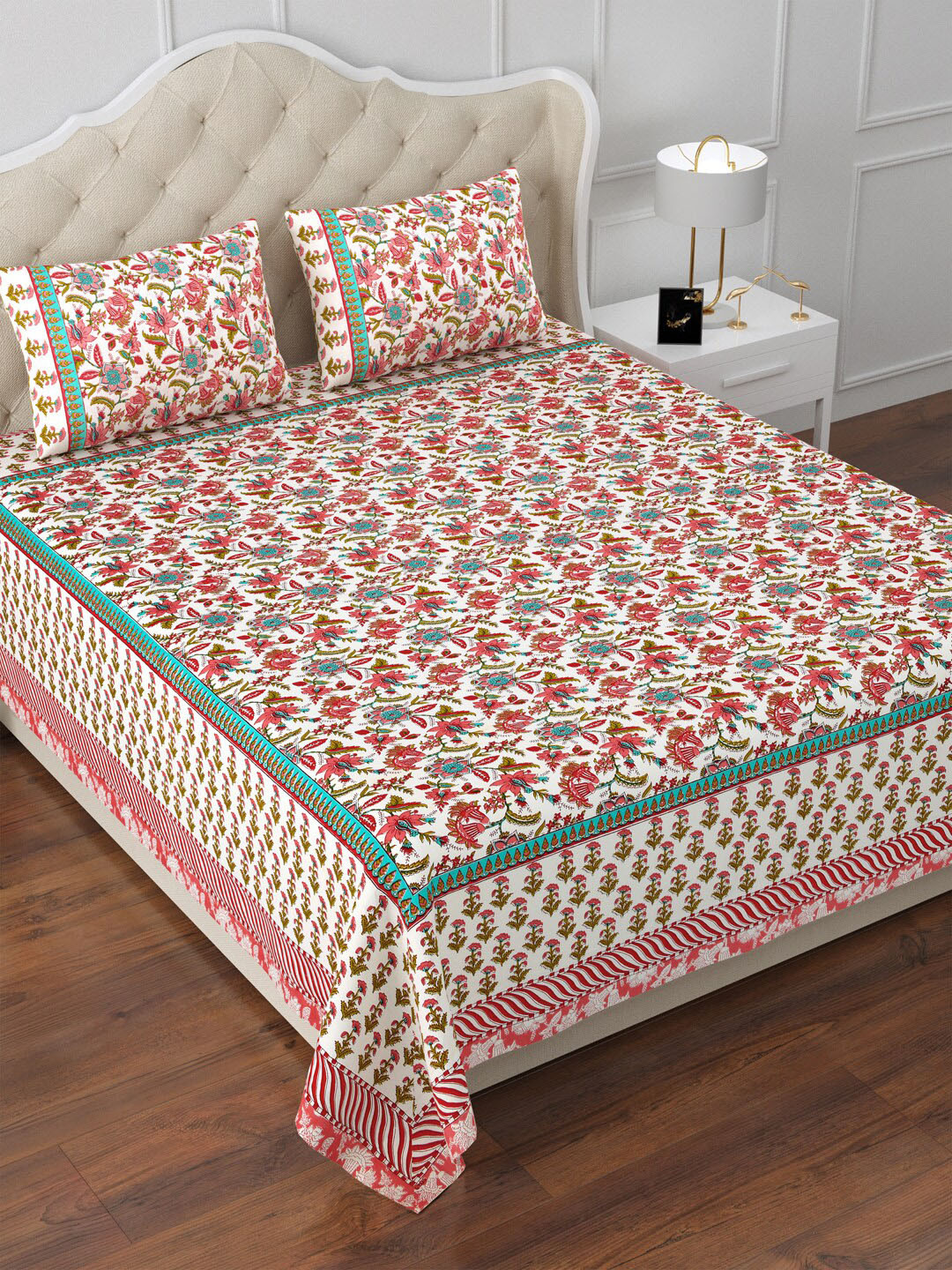 

Aapno Rajasthan Rust & Green Floral Cotton 120 TC King Bedsheet With 2 Pillow Covers, White