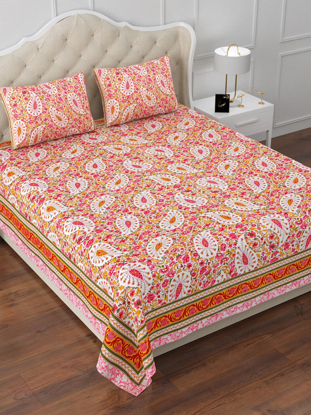 

Aapno Rajasthan White & Pink Floral 120 TC Cotton King Bedsheet & 2 Pillow Covers