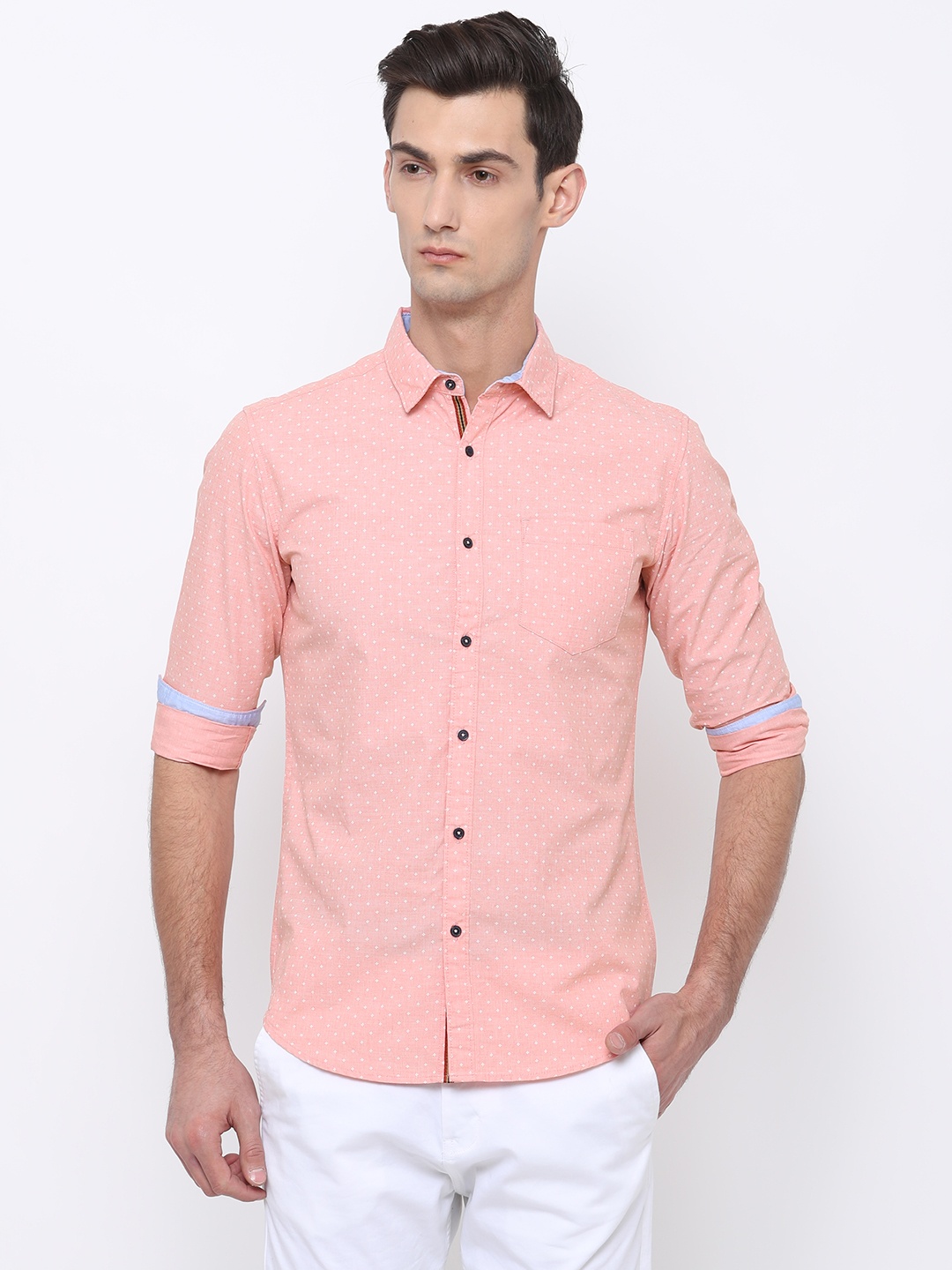 

Black coffee Men Coral & White Slim Fit Printed Casual Shirt