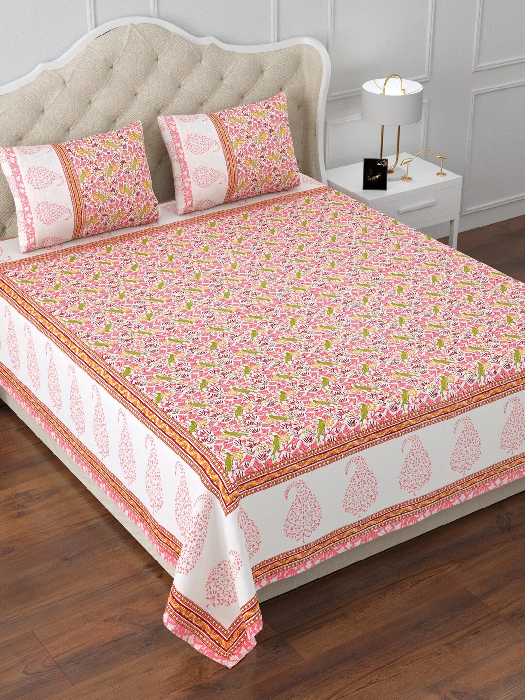 

Aapno Rajasthan White & Pink Floral 120 TC Cotton King Bedsheet & 2 Pillow Covers