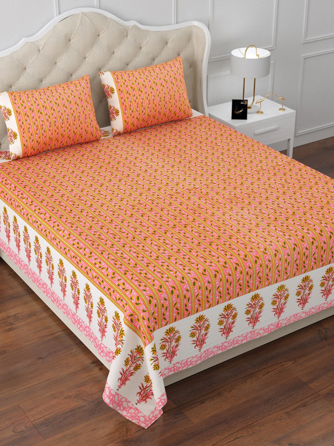 

Aapno Rajasthan Orange & Pink Floral 120 TC Cotton King Bedsheet & 2 Pillow Covers