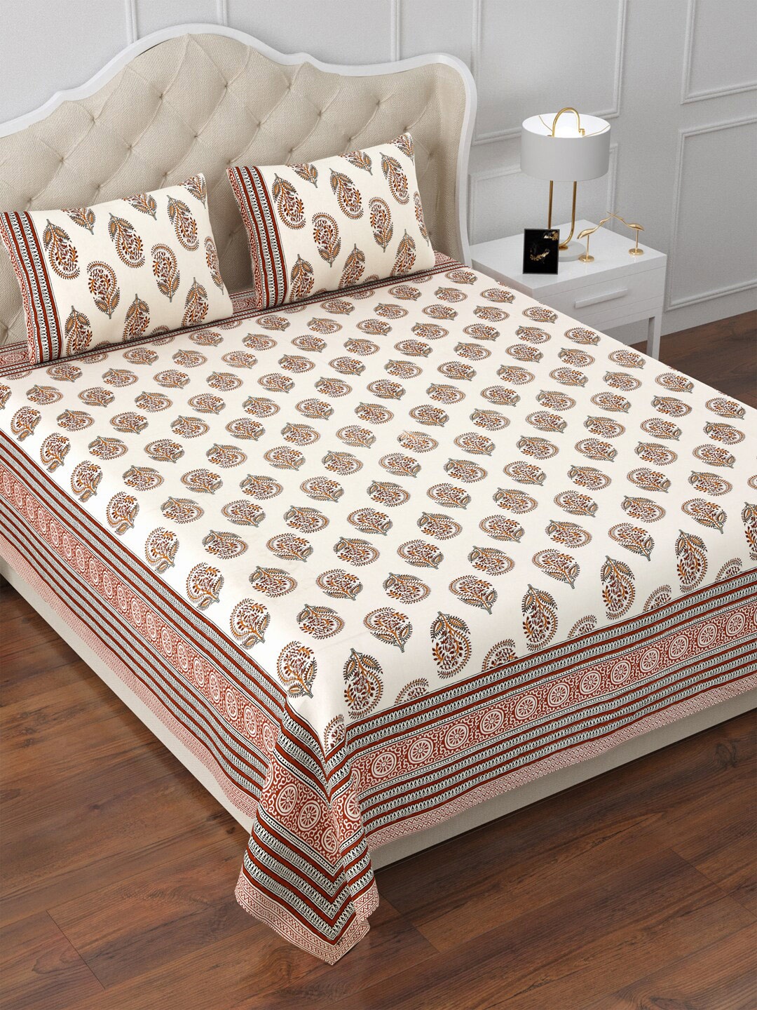 

Aapno Rajasthan White & Brown Floral 120 TC Cotton King Bedsheet & 2 Pillow Covers