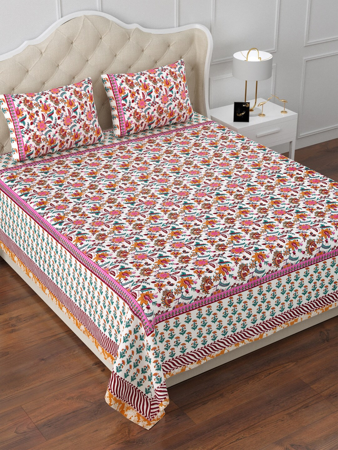 

Aapno Rajasthan White & Pink Floral 120 TC Cotton King Bedsheet & 2 Pillow Covers