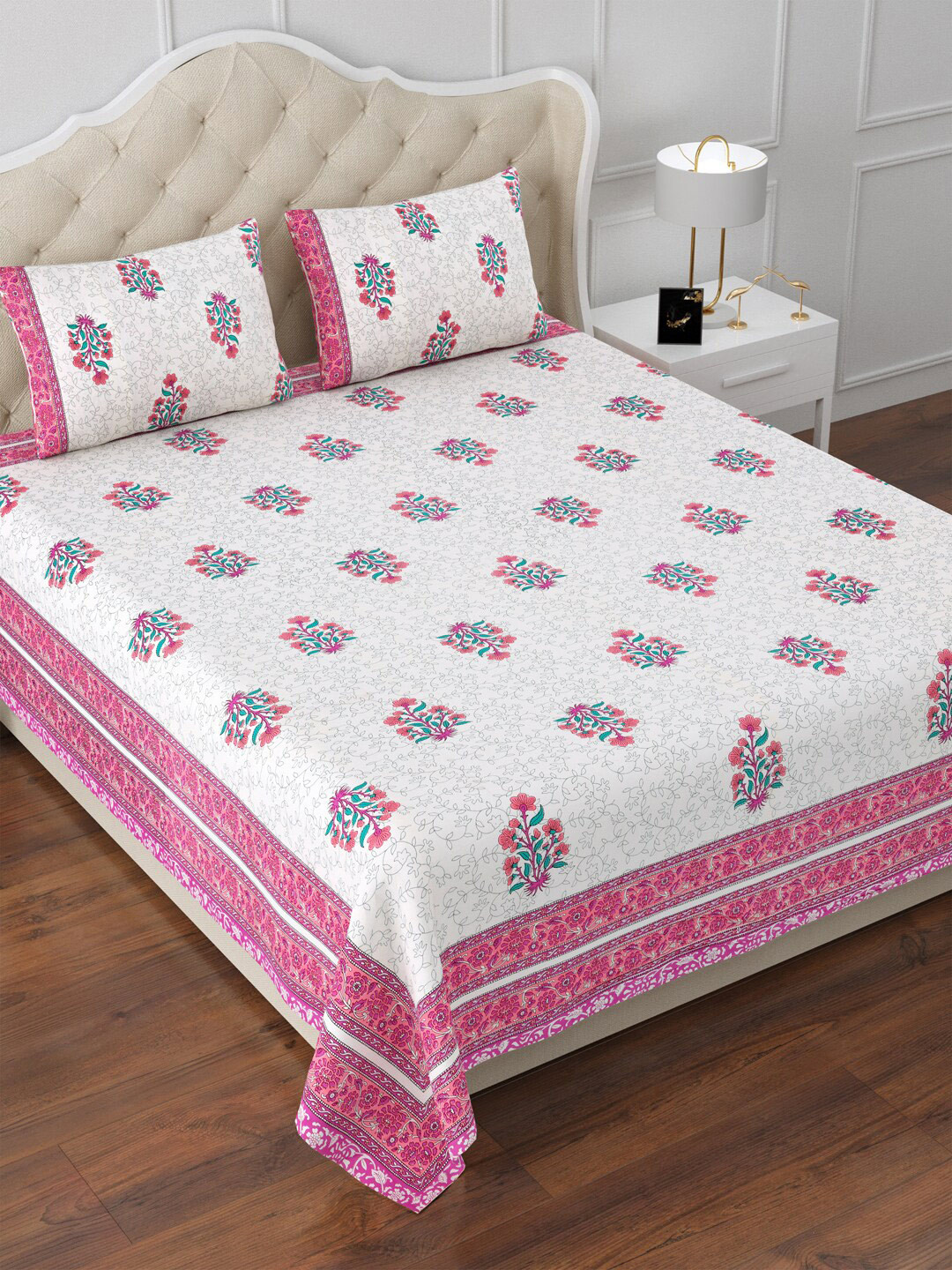 

Aapno Rajasthan White & Pink Floral 120 TC Cotton King Bedsheet & 2 Pillow Covers
