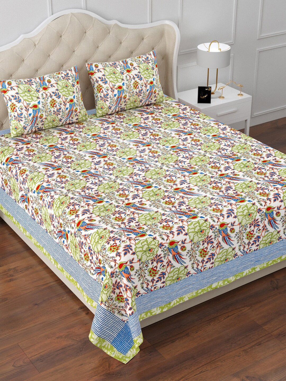 

Aapno Rajasthan Green & Blue Ethnic Motifs Cotton 120TC King Bedsheet With 2 Pillow Covers