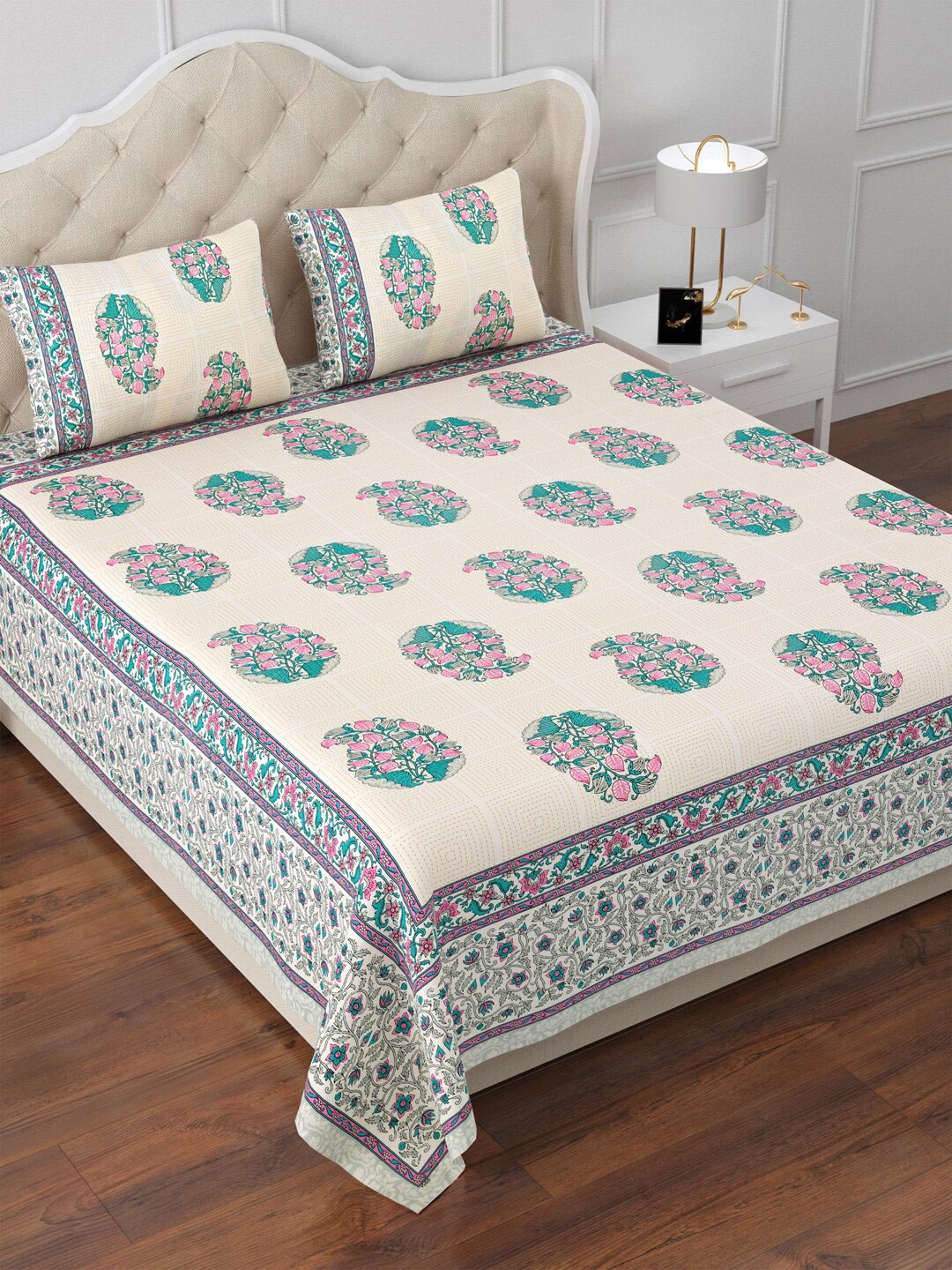 

Aapno Rajasthan Pink Ethnic Motifs Cotton 120 TC King Bedsheet With 2 Pillow Covers, Cream