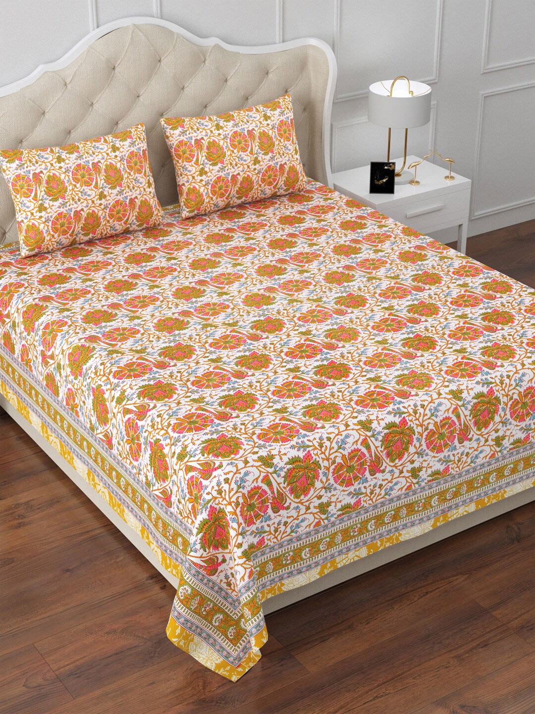 

Aapno Rajasthan Orange & Green Floral 120 TC Cotton King Bedsheet & 2 Pillow Covers