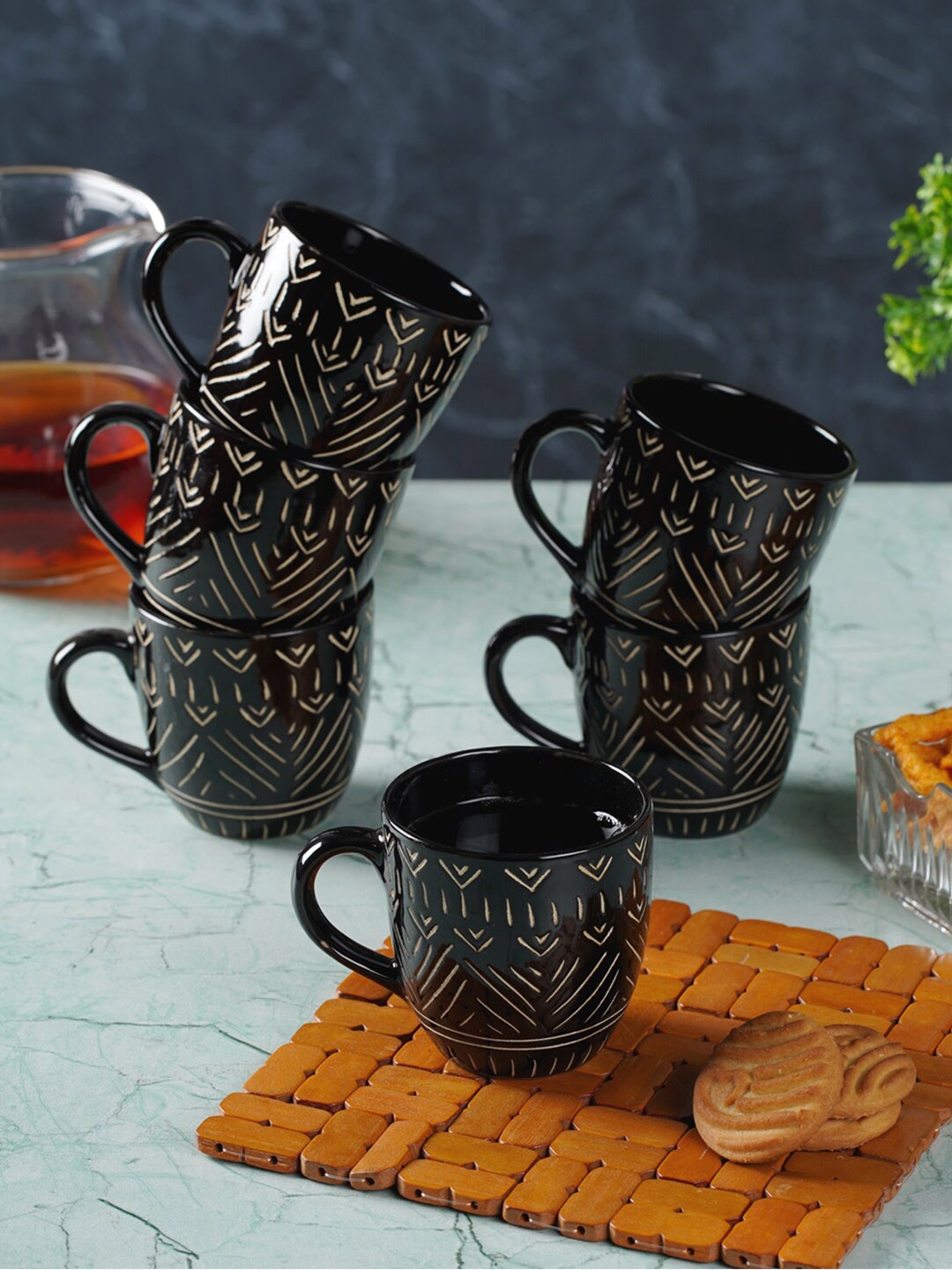 

CDI Black 6 Pieces Printed Ceramic Glossy Coffee Mugs 200 ml Each