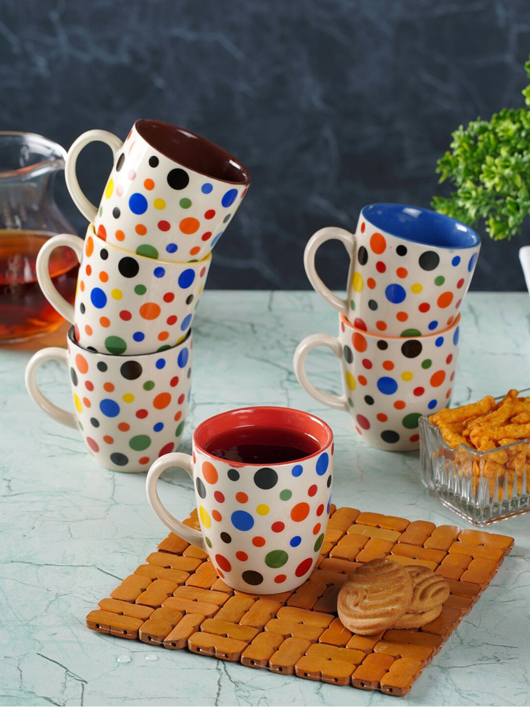 

CDI White & Red 6 Pieces Printed Ceramic Glossy Coffee Mugs 230 ml Each