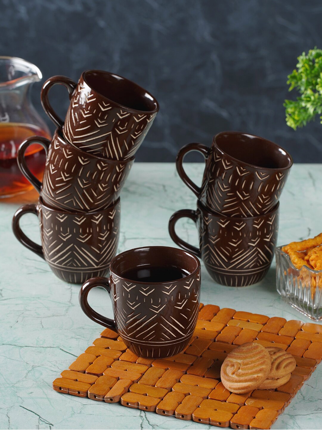 

CDI Brown 6 Pieces Printed Ceramic Glossy Coffee Mugs 200 ml Each