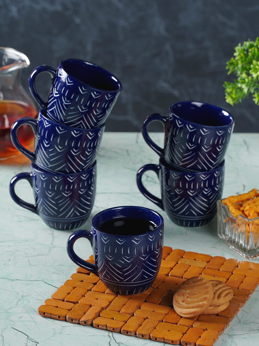 

CDI Blue 6 Pieces Printed Ceramic Glossy Coffee Mugs 200 ml Each
