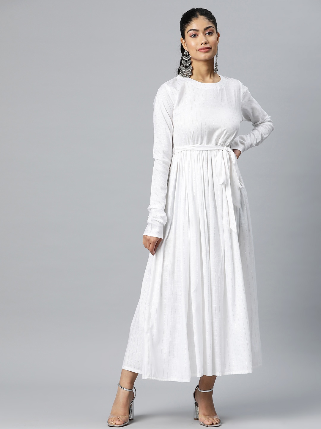 

MBE Striped Maxi Dress with Belt, White