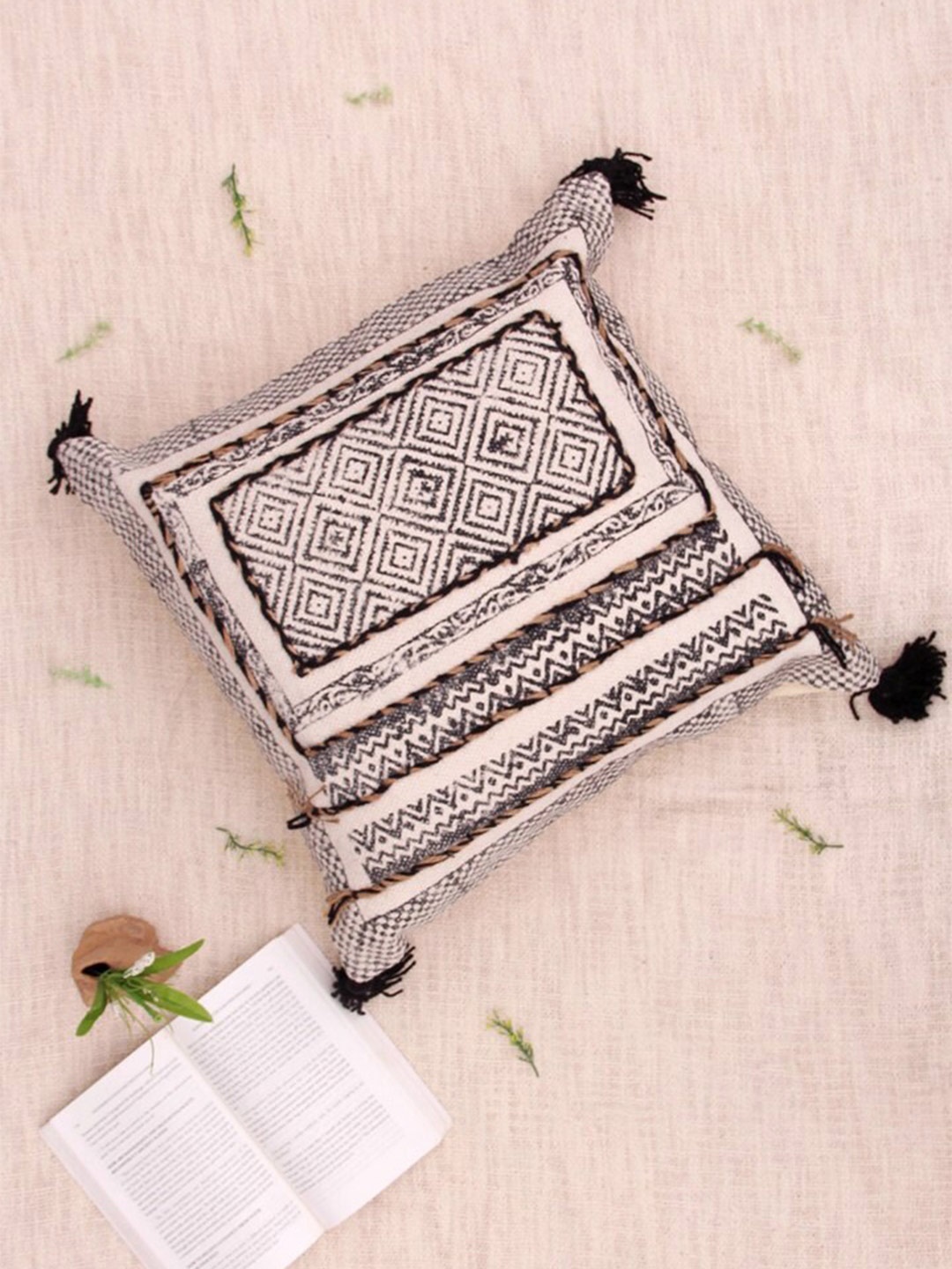 

Art Avenue Cream-Coloured & Black Ethnic Motifs Embroidered Square Cotton Cushion Cover