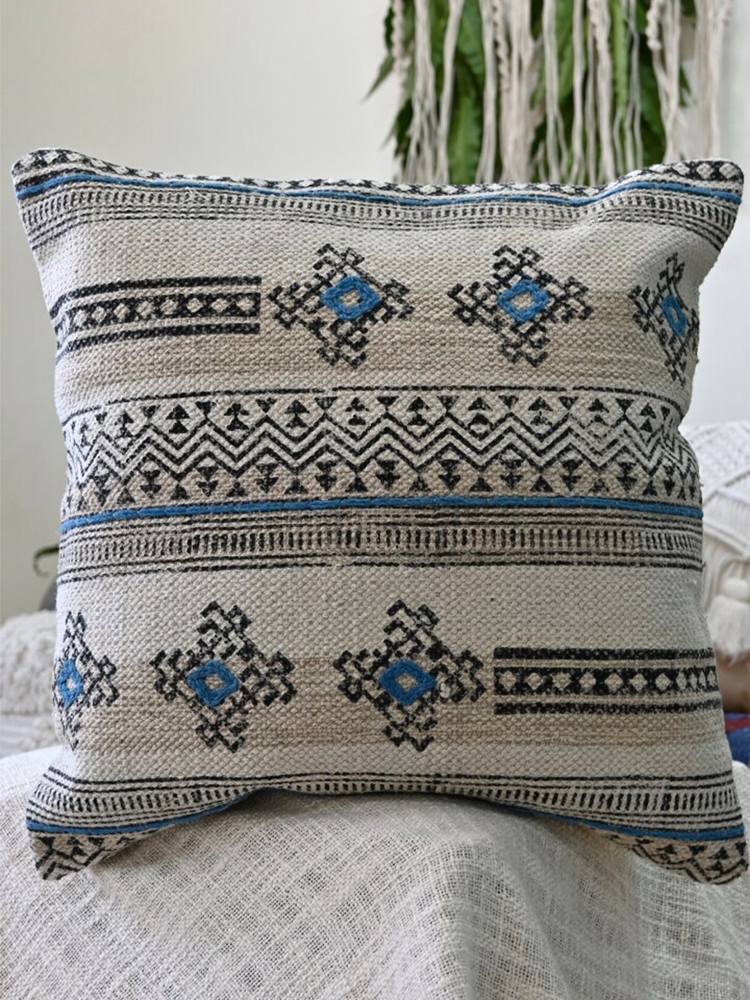 

Art Avenue White & Blue Embroidered Square Cotton Cushion Cover