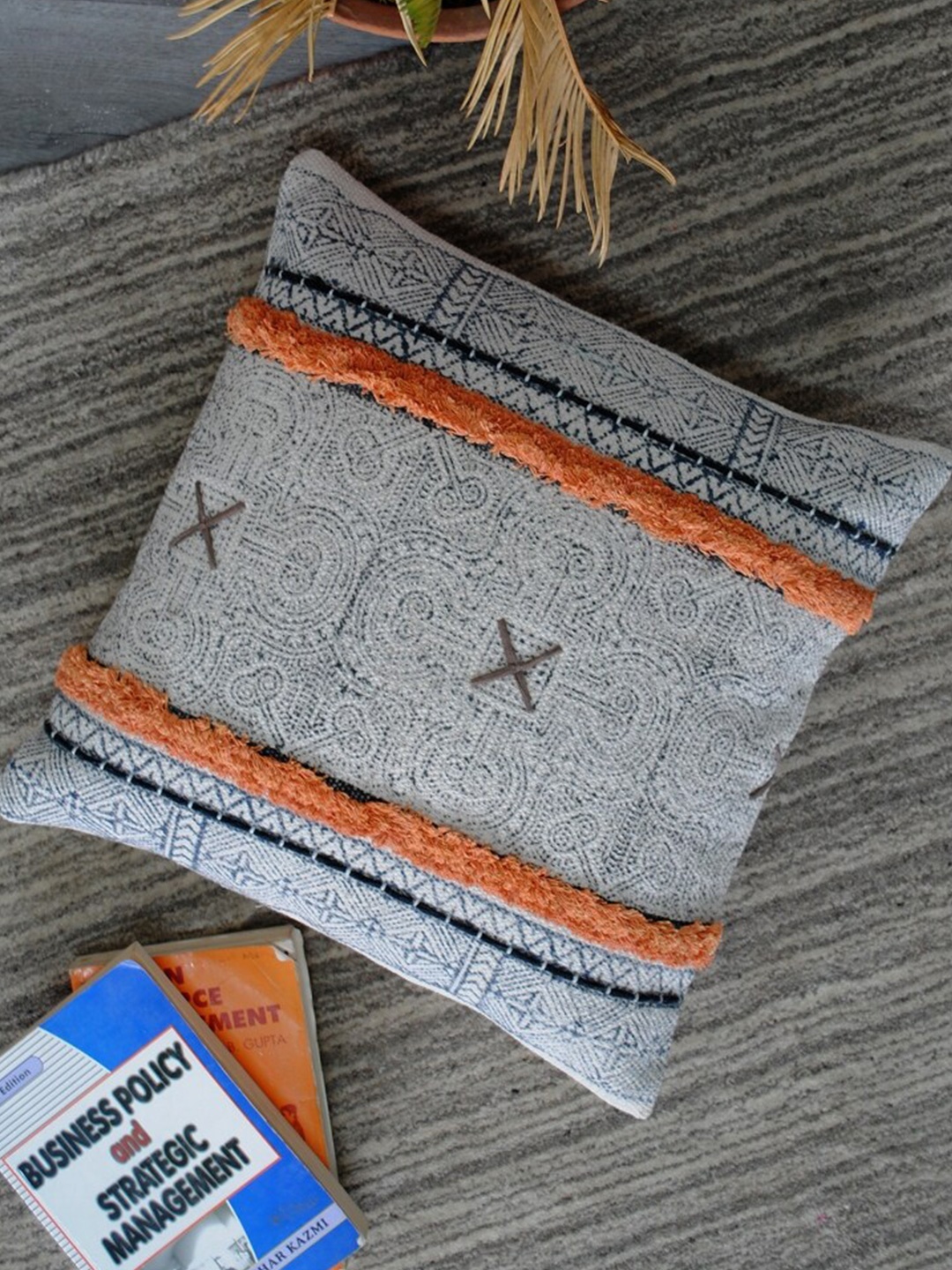 

Art Avenue Grey & Orange Ethnic Motifs Embroidered Cotton Square Cushion Cover