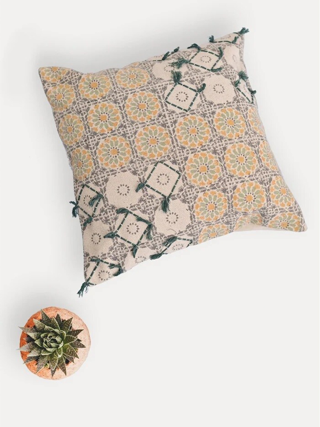 

Art Avenue Owen Beige & Yellow Ethnic Motifs Cotton Square Cushion Cover