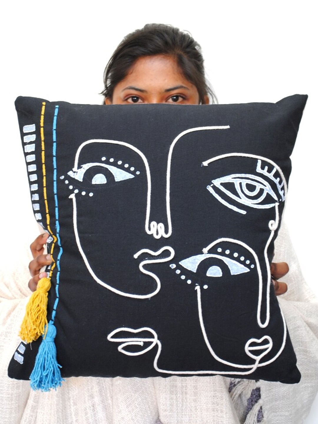 

Art Avenue Black & White Ethnic Motifs Embroidered Square Cotton Cushion Cover