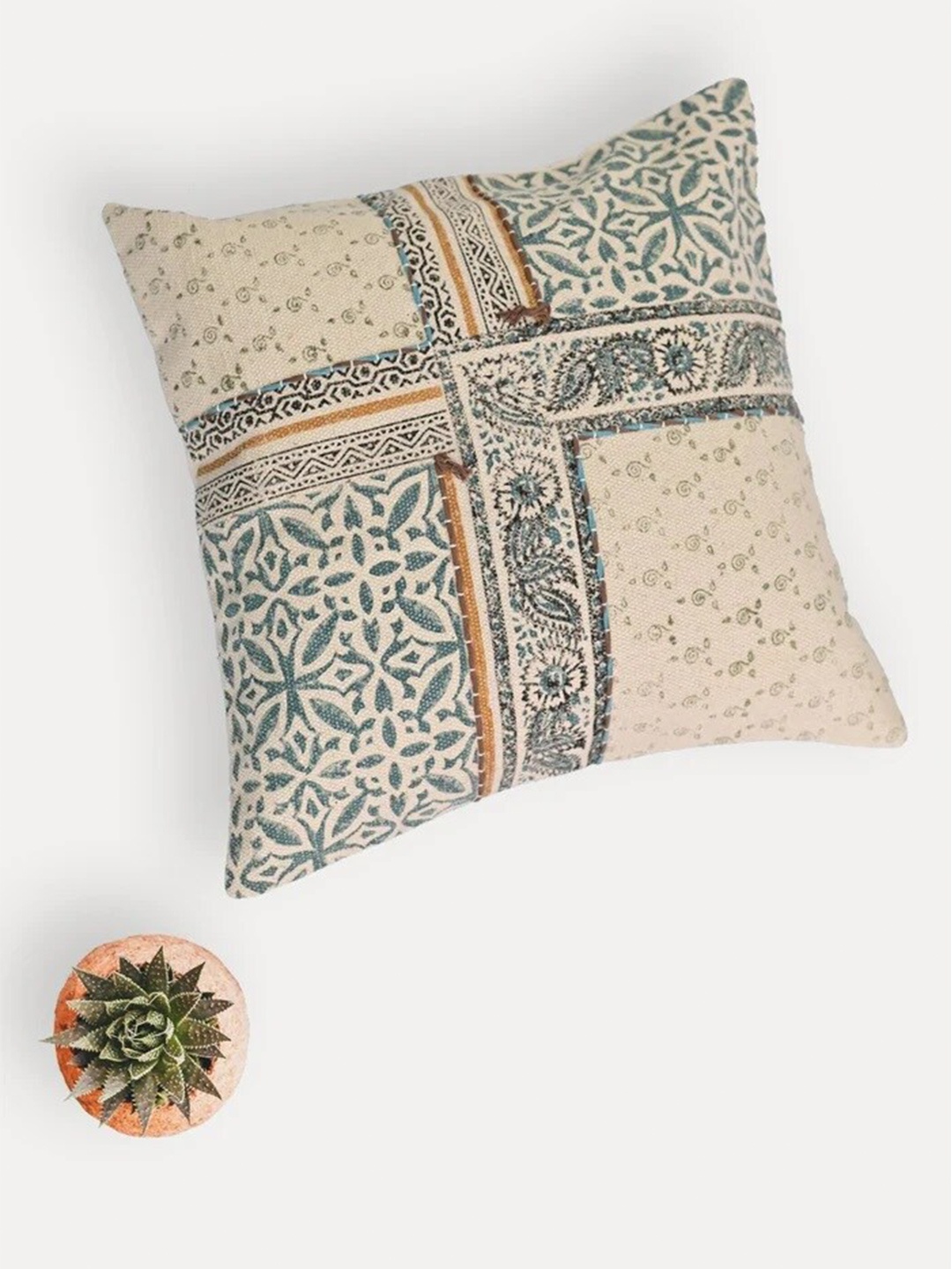 

Art Avenue Leafy Beige & Blue Ethnic Motifs Cotton Square Cushion Cover