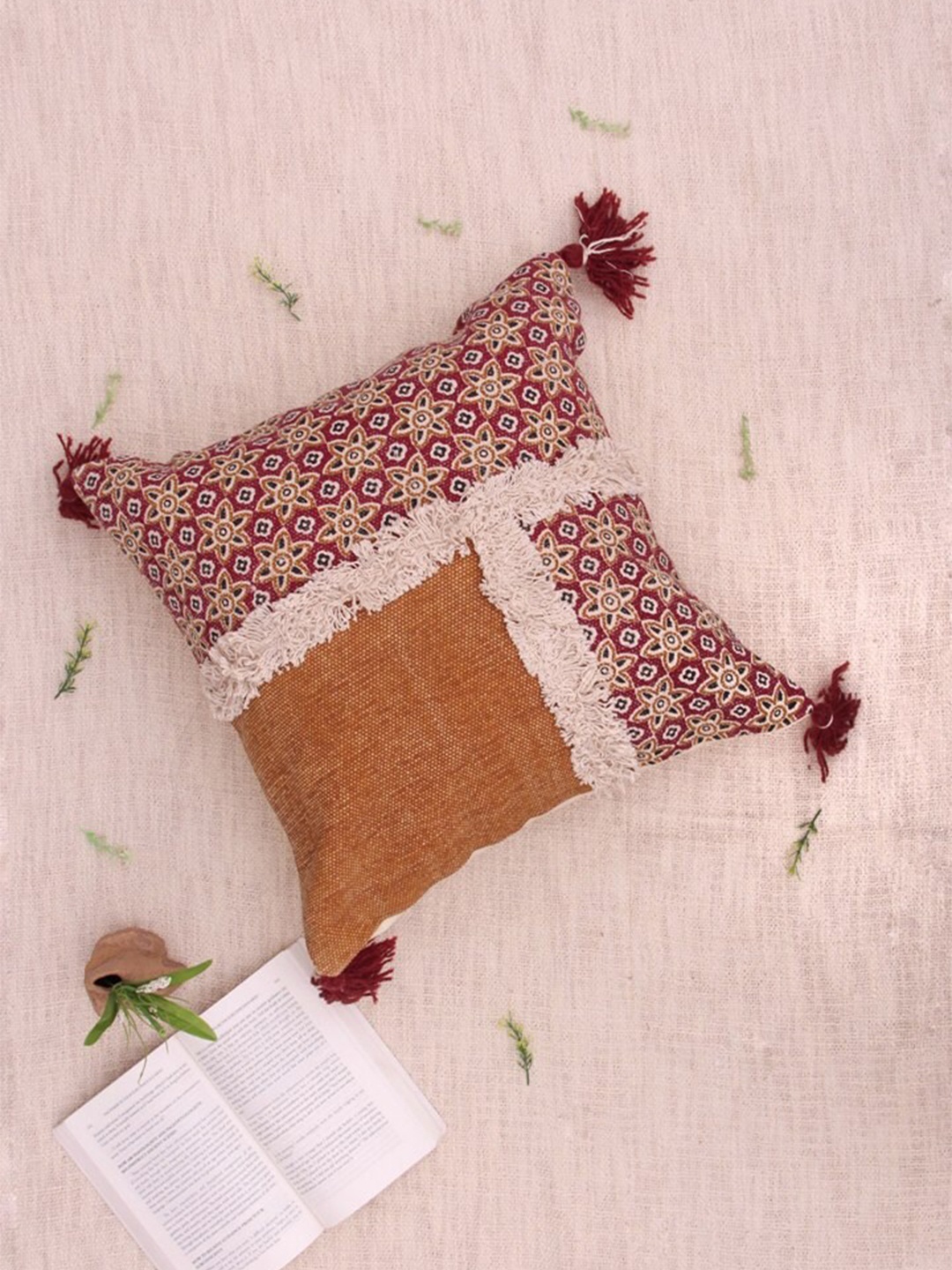 

Art Avenue Maroon & White Floral Embroidered Square Cotton Cushion Cover