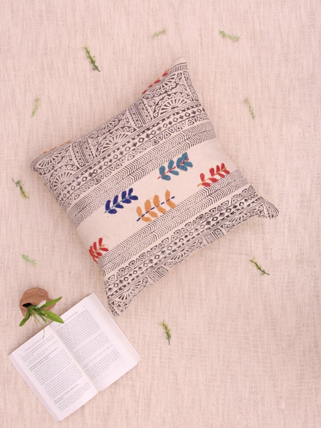 

Art Avenue Beige & Brown Ethnic Motifs Embroidered Square Cotton Cushion Cover