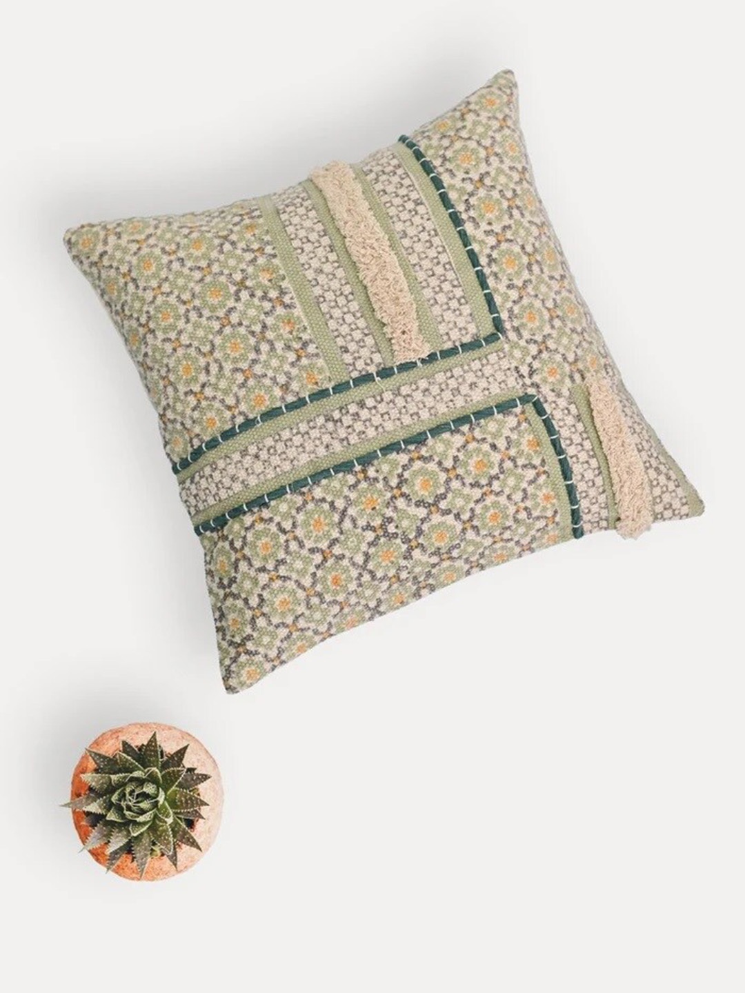 

Art Avenue Green & Beige Ethnic Motifs Embroidered Square Cotton Cushion Cover