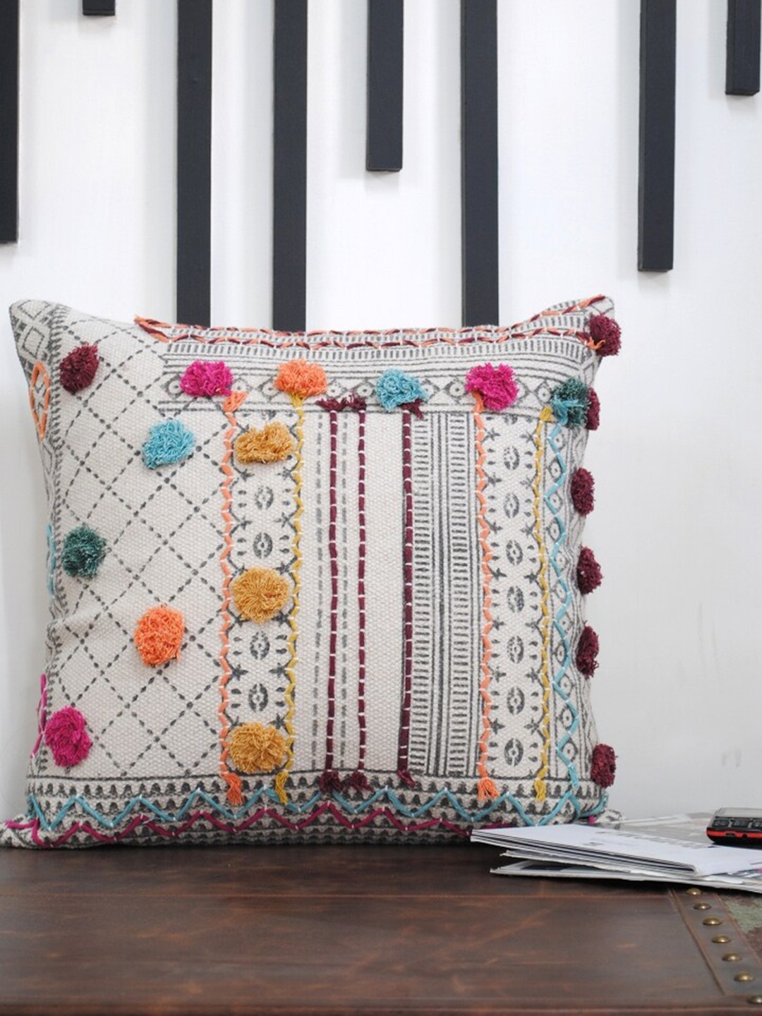 

Art Avenue White & Orange Embroidered Embroidered Square Cotton Cushion Cover