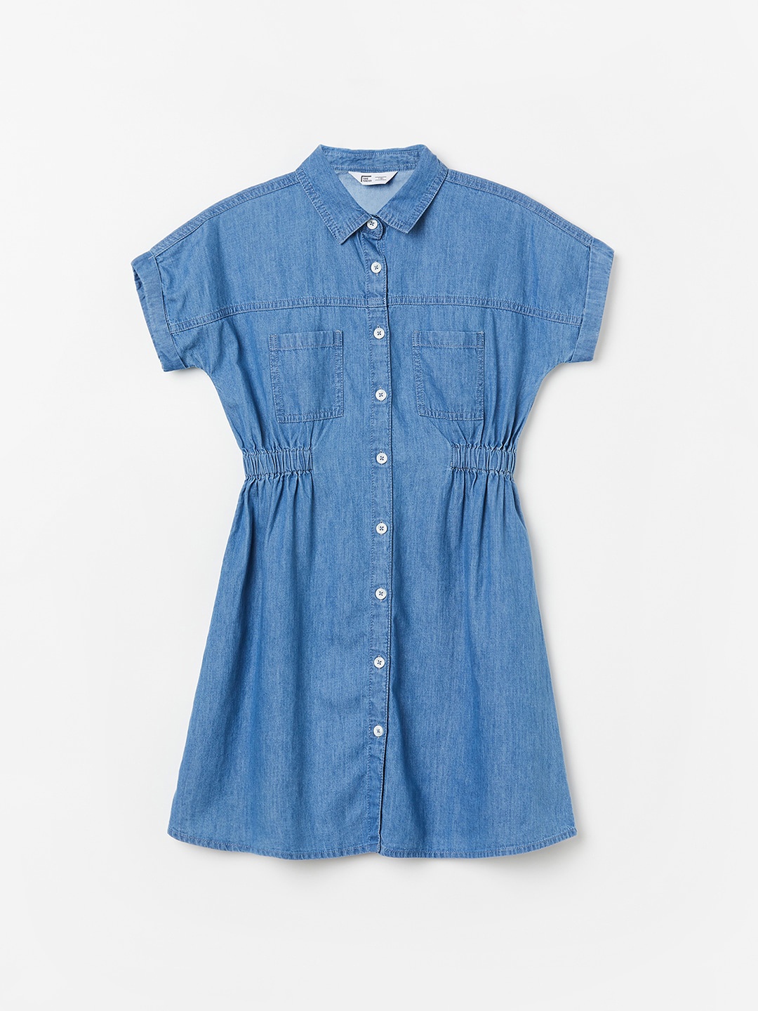 

Fame Forever by Lifestyle Girls Shirt Collar Smocked Pure Cotton Shirt Dress, Blue