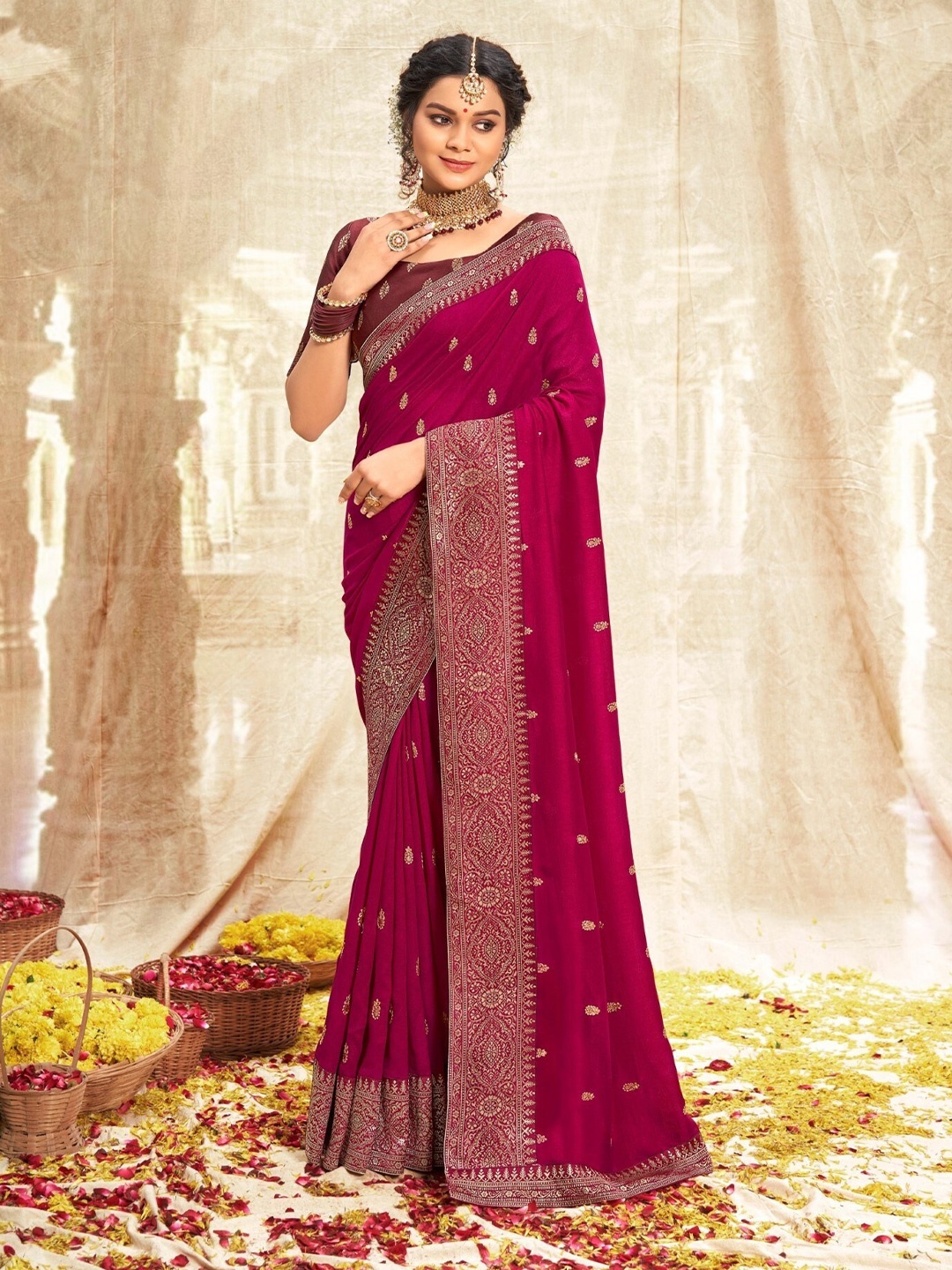 

Mitera Pink & Gold-Toned Ethnic Motifs Zari Art Silk Saree